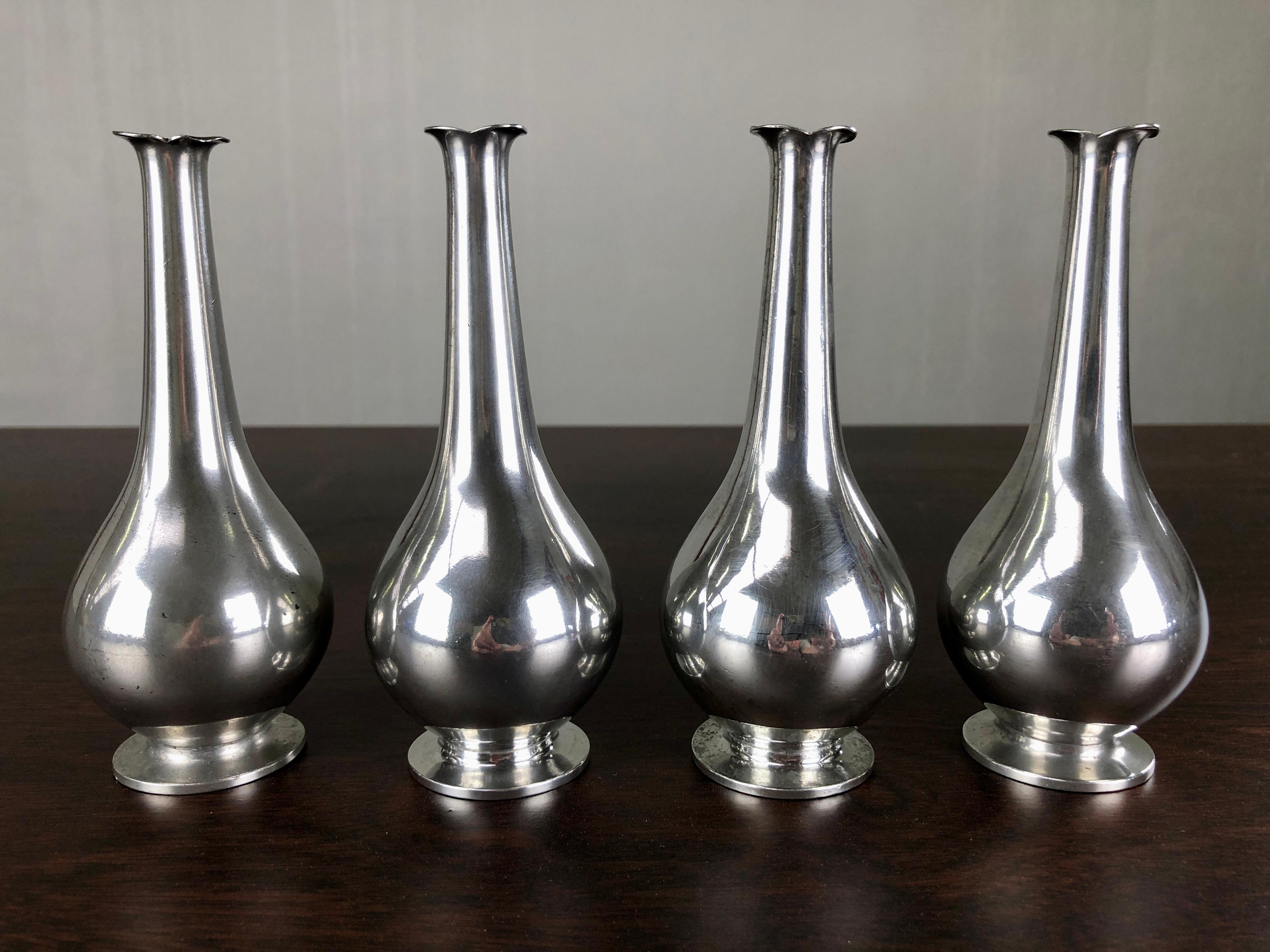 Metal 1930s Set of Four Danish Just Andersen Art Deco Pewter Vases