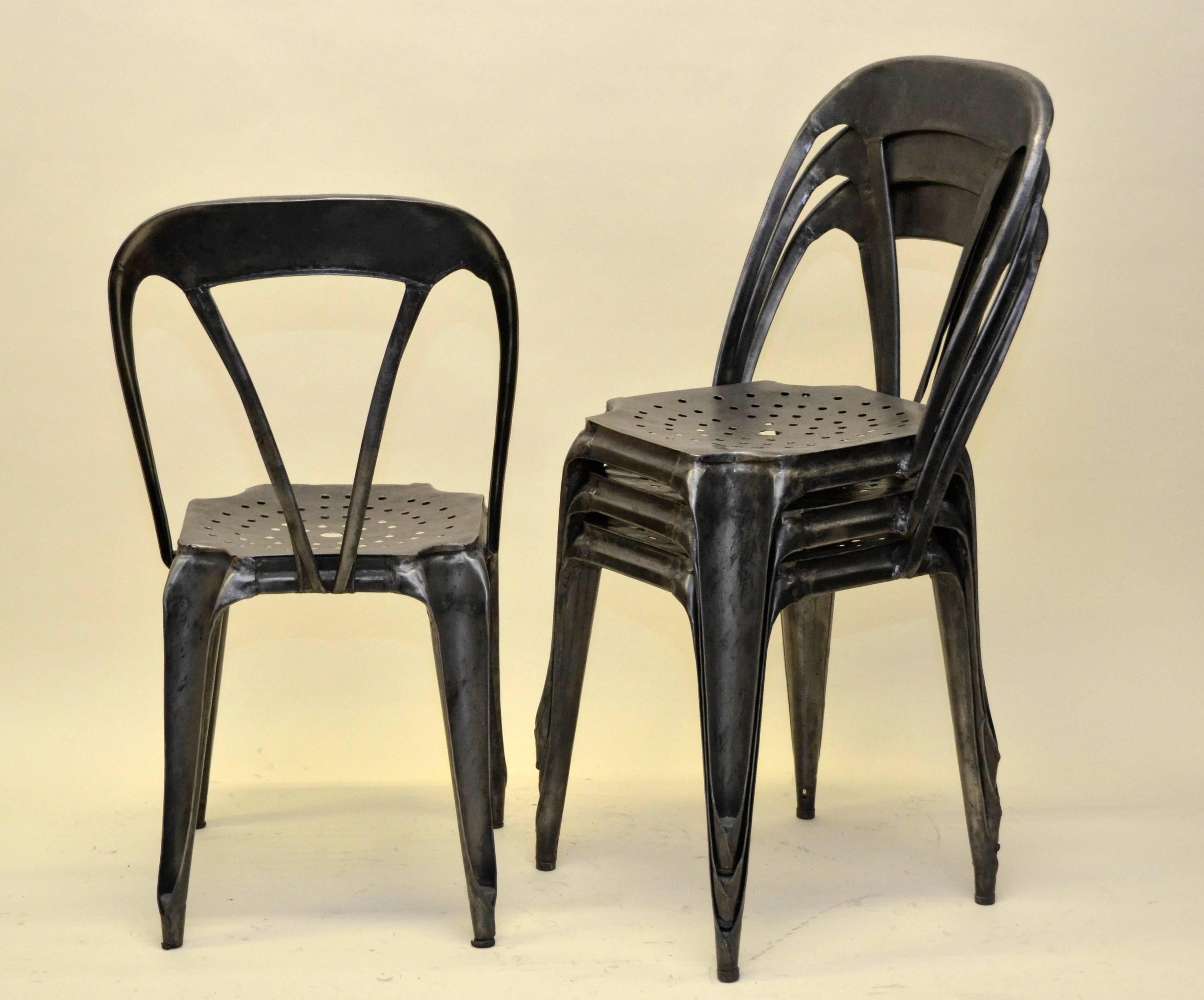 1930s Set of Four Vintage Stripped Metal French Multiples Bistro Stacking Chairs For Sale 4