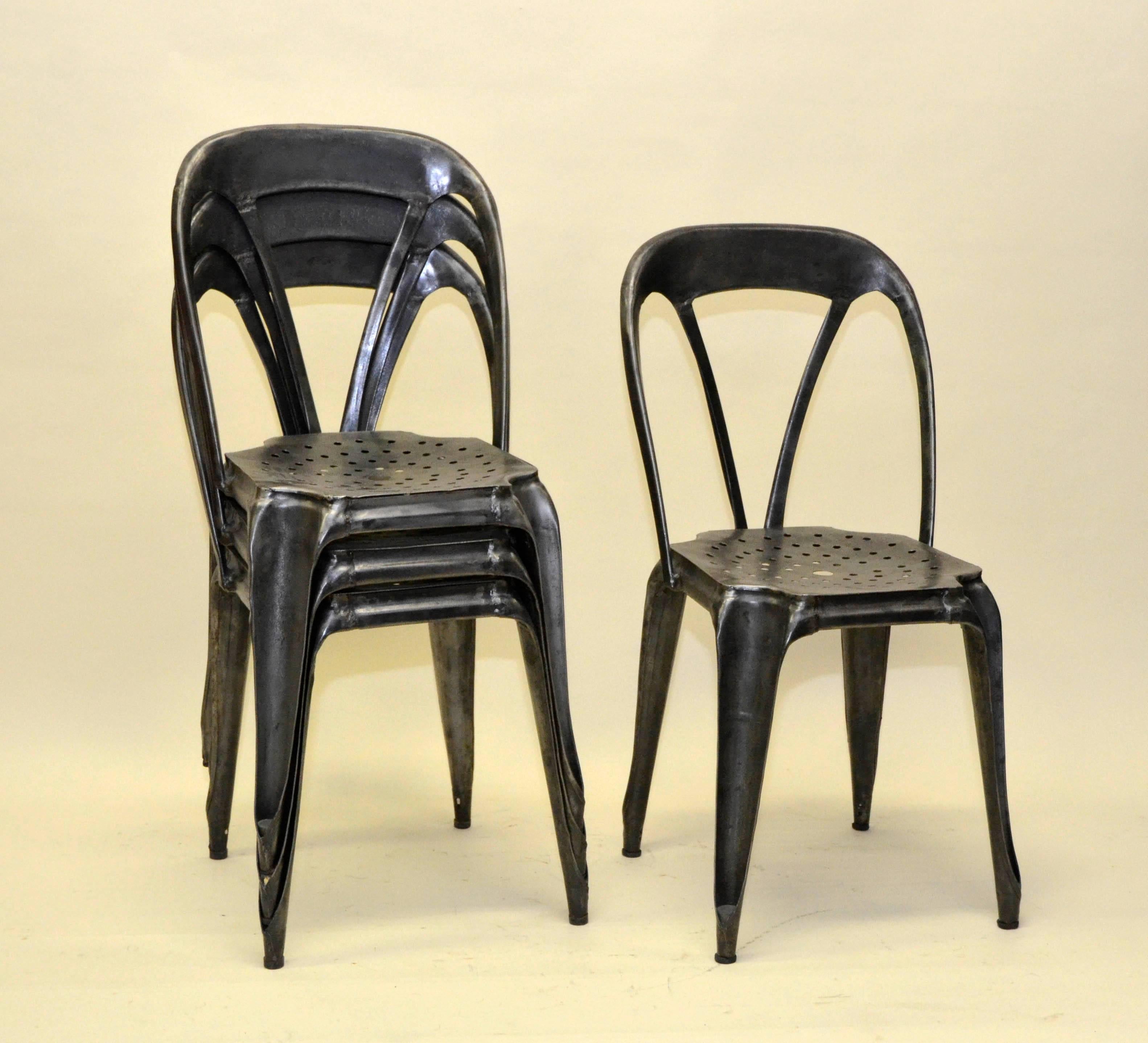 Industrial 1930s Set of Four Vintage Stripped Metal French Multiples Bistro Stacking Chairs For Sale