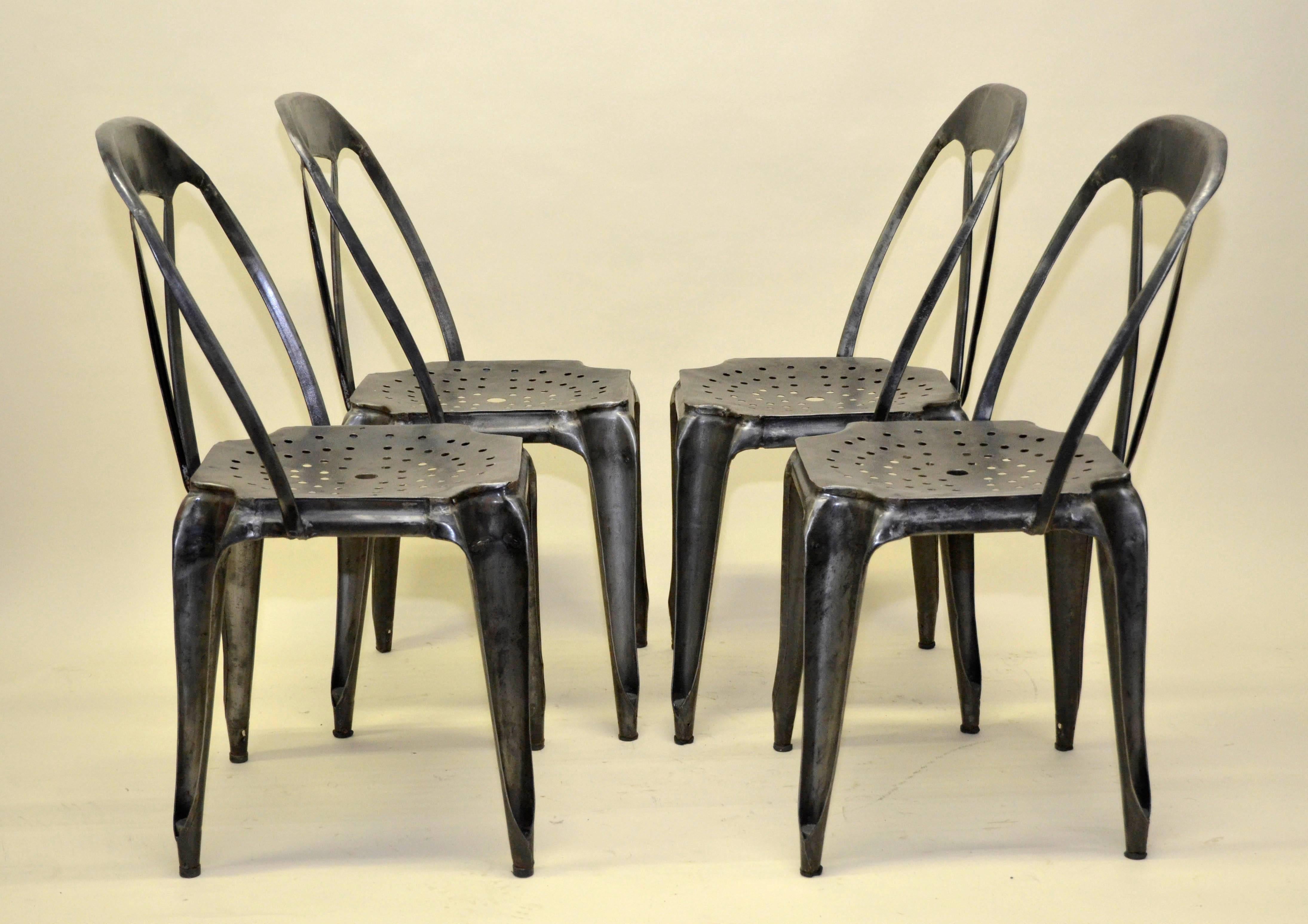 1930s Set of Four Vintage Stripped Metal French Multiples Bistro Stacking Chairs For Sale 2