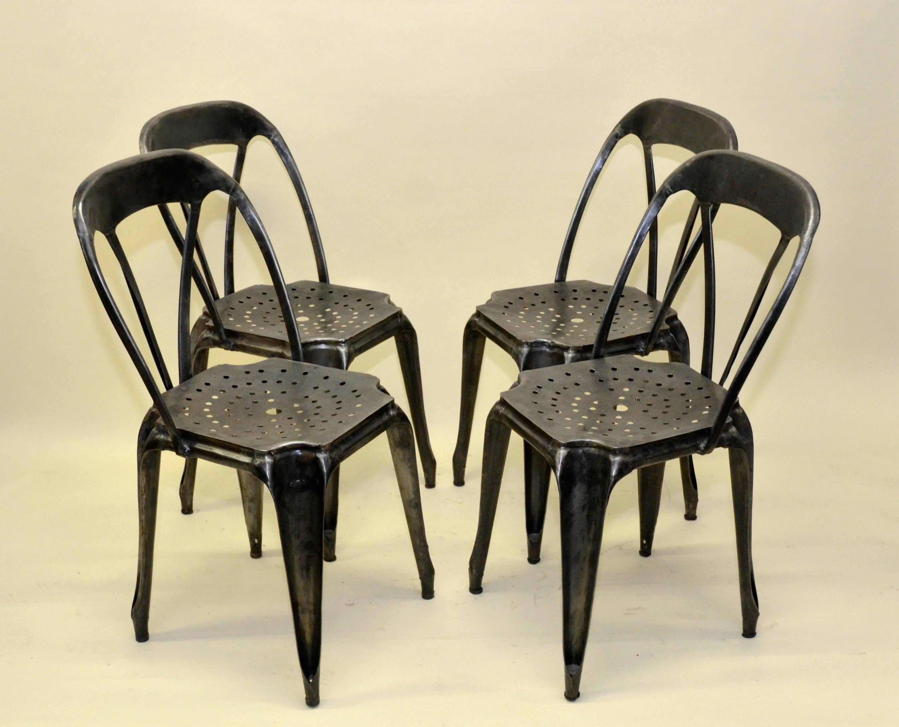 1930s Set of Four Vintage Stripped Metal French Multiples Bistro Stacking Chairs For Sale 3
