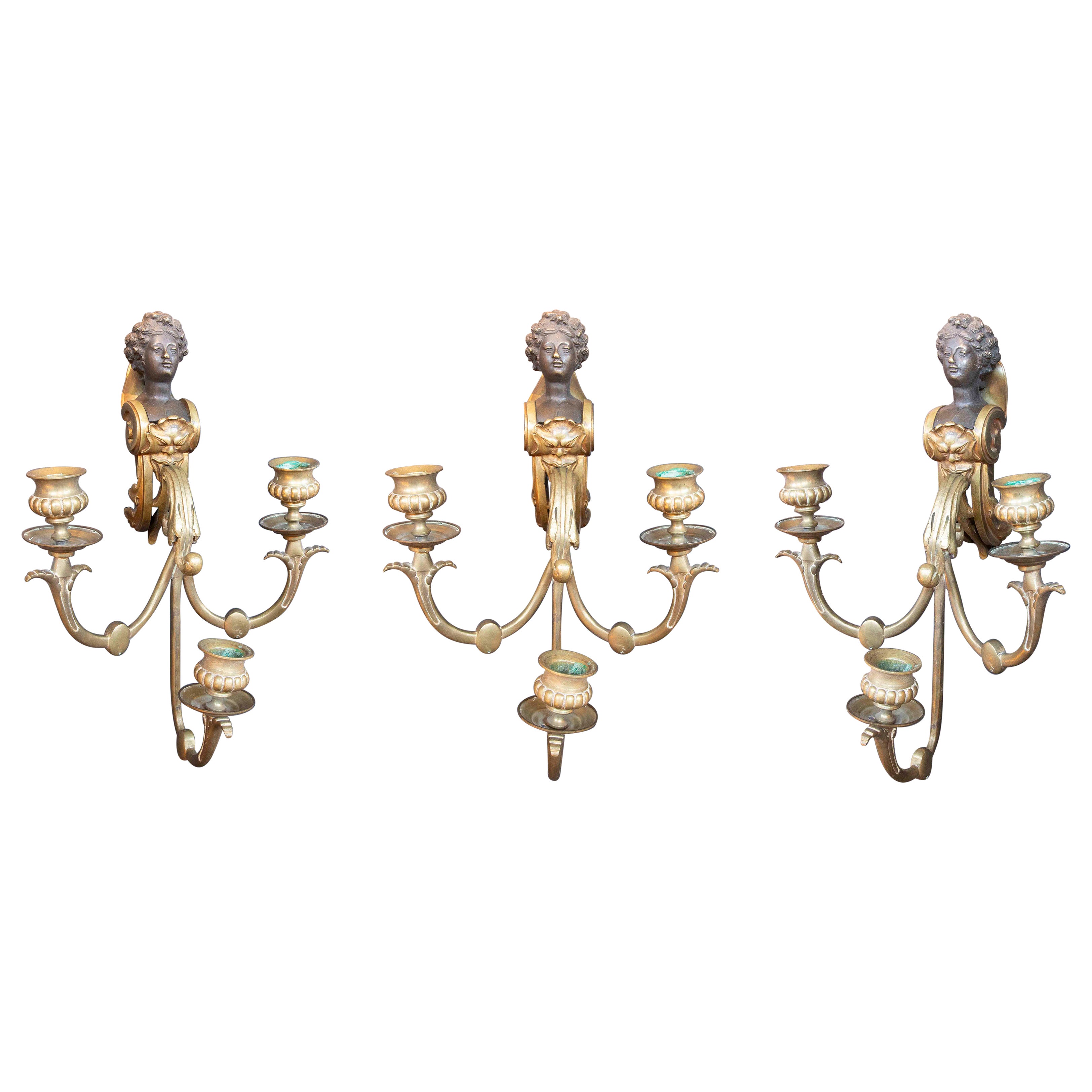 1930s Set of Three Antique Gilt Bronze Wall Sconces with Cherub For Sale