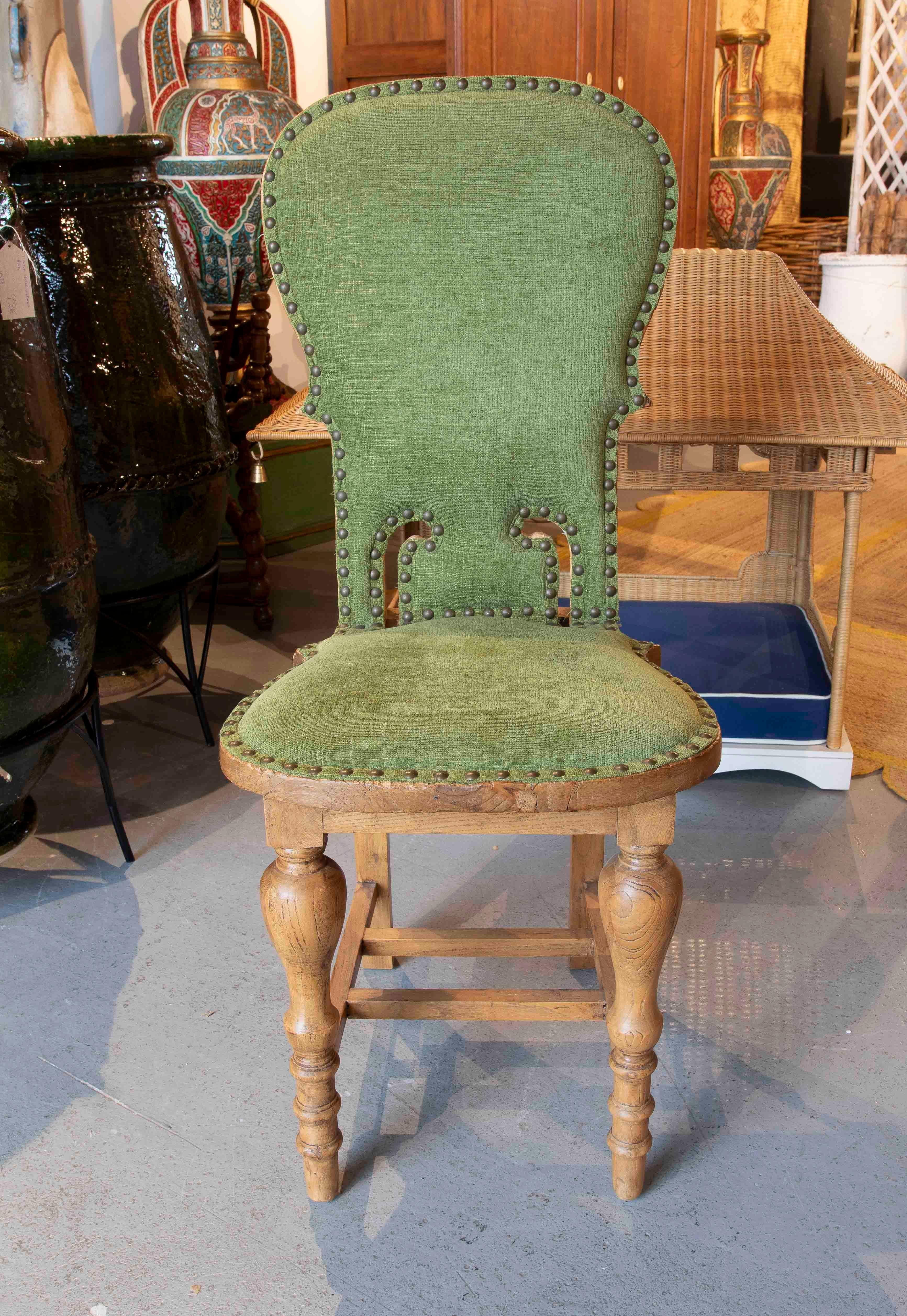 Spanish 1930s Set of Twelve Wooden Chairs Newly Upholstered in Green Velvet For Sale