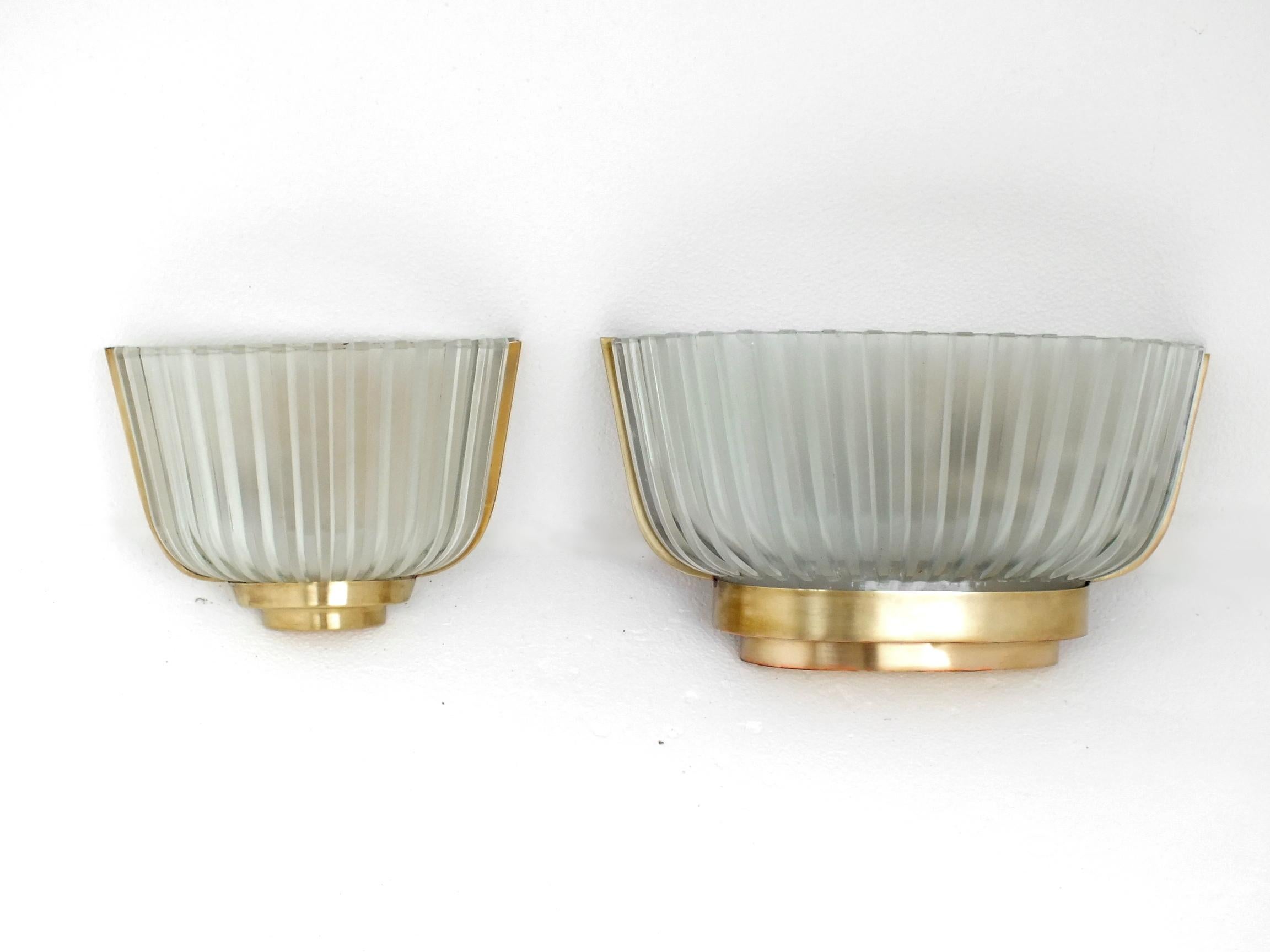 Art Deco 1930s, Set of Two Archimede Seguso Wall Lamp Crystal Pressed Decò Bronze For Sale