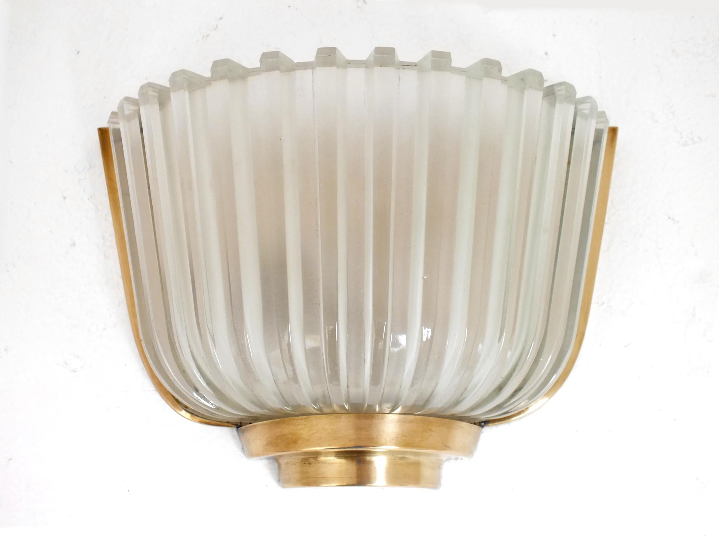 Brass 1930s, Set of Two Archimede Seguso Wall Lamp Crystal Pressed Decò Bronze For Sale