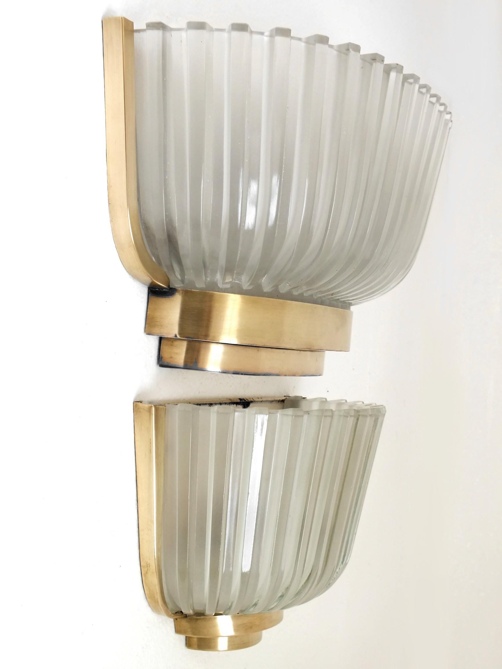 1930s, Set of Two Archimede Seguso Wall Lamp Crystal Pressed Decò Bronze For Sale 1