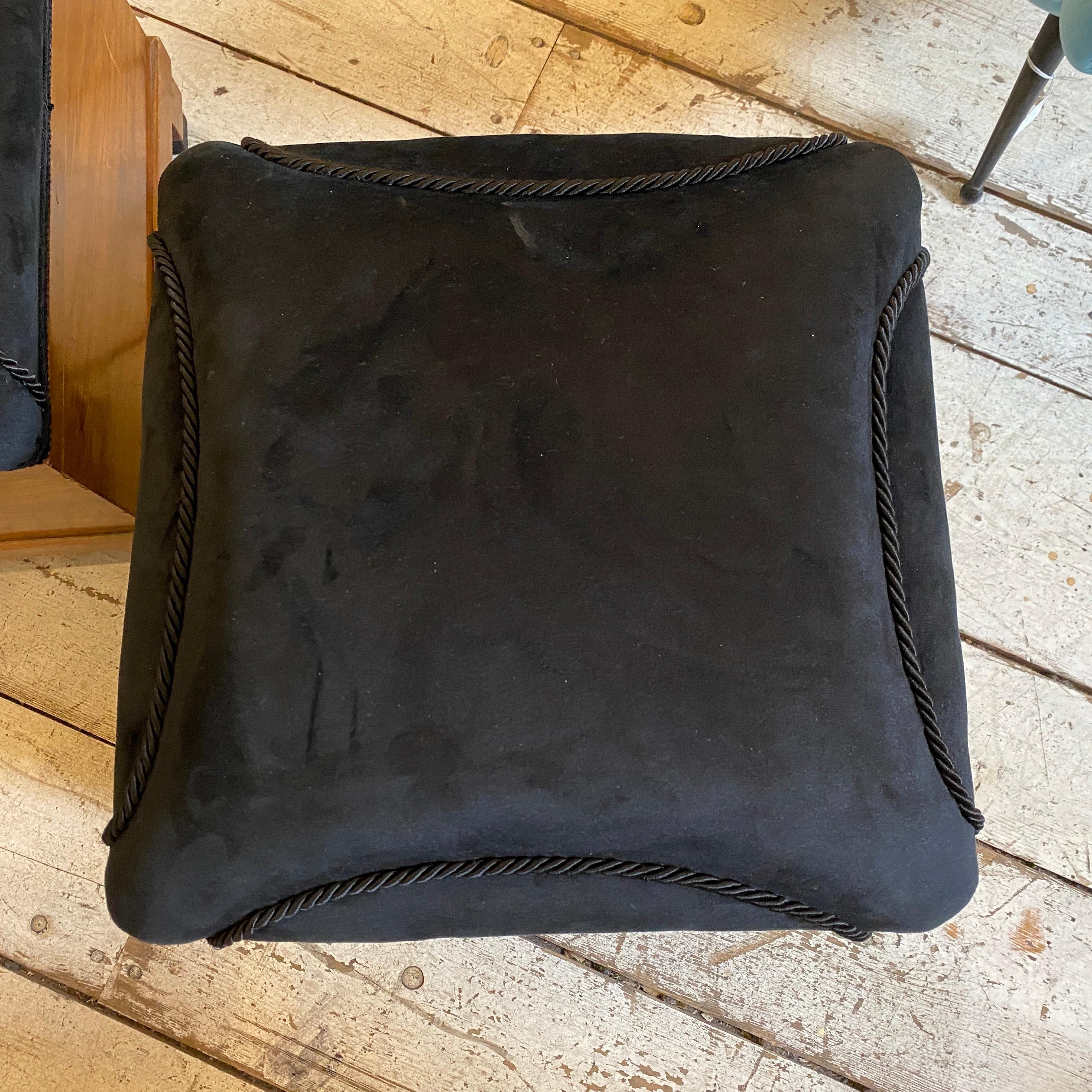 1930s Set of Two Art Deco Black Velvet and Wood Italian Poufs 4