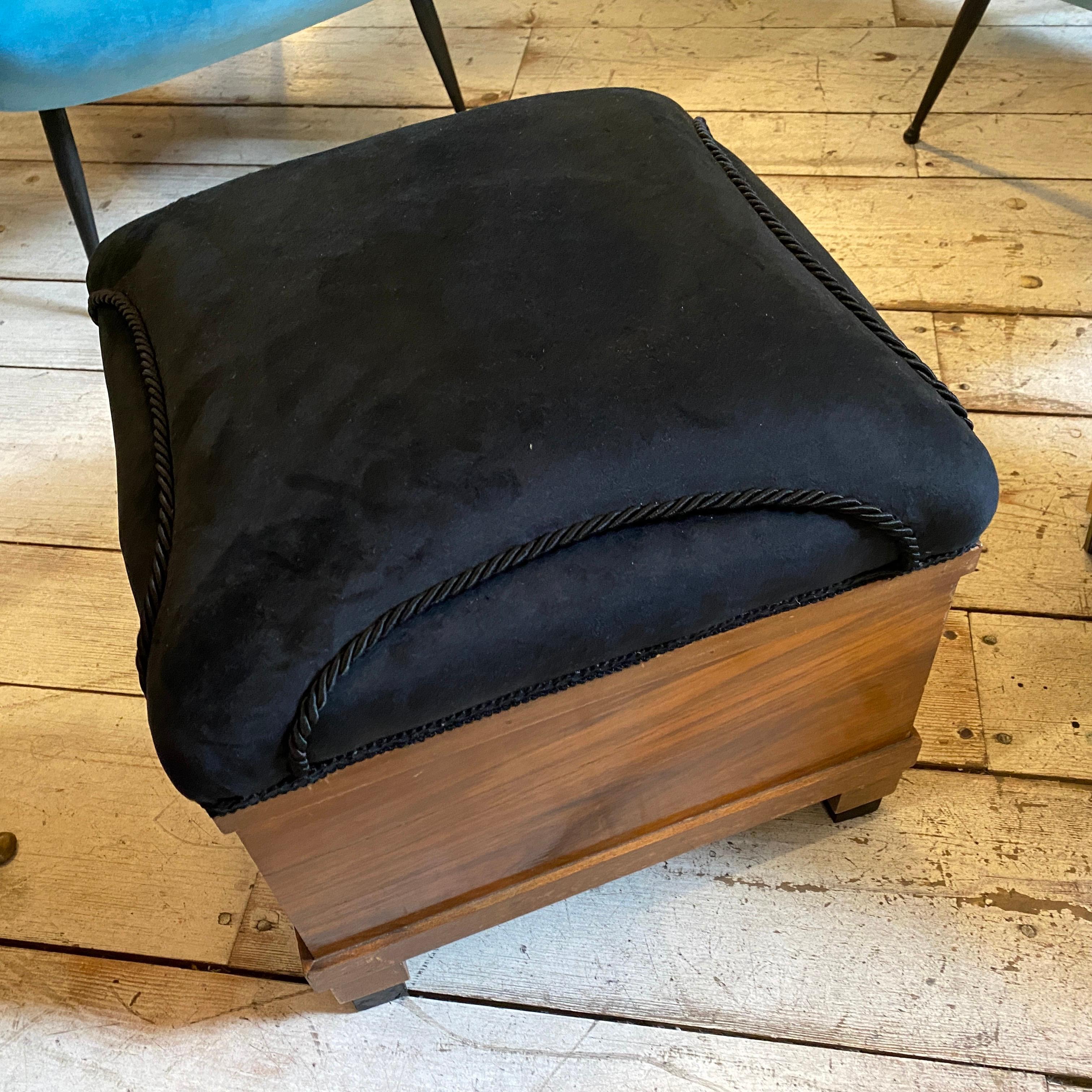 Two amazing Art Deco poufs made in Italy in the thirties, wood is in original conditions, they have been recently upholstered in a gorgeous black velvet.