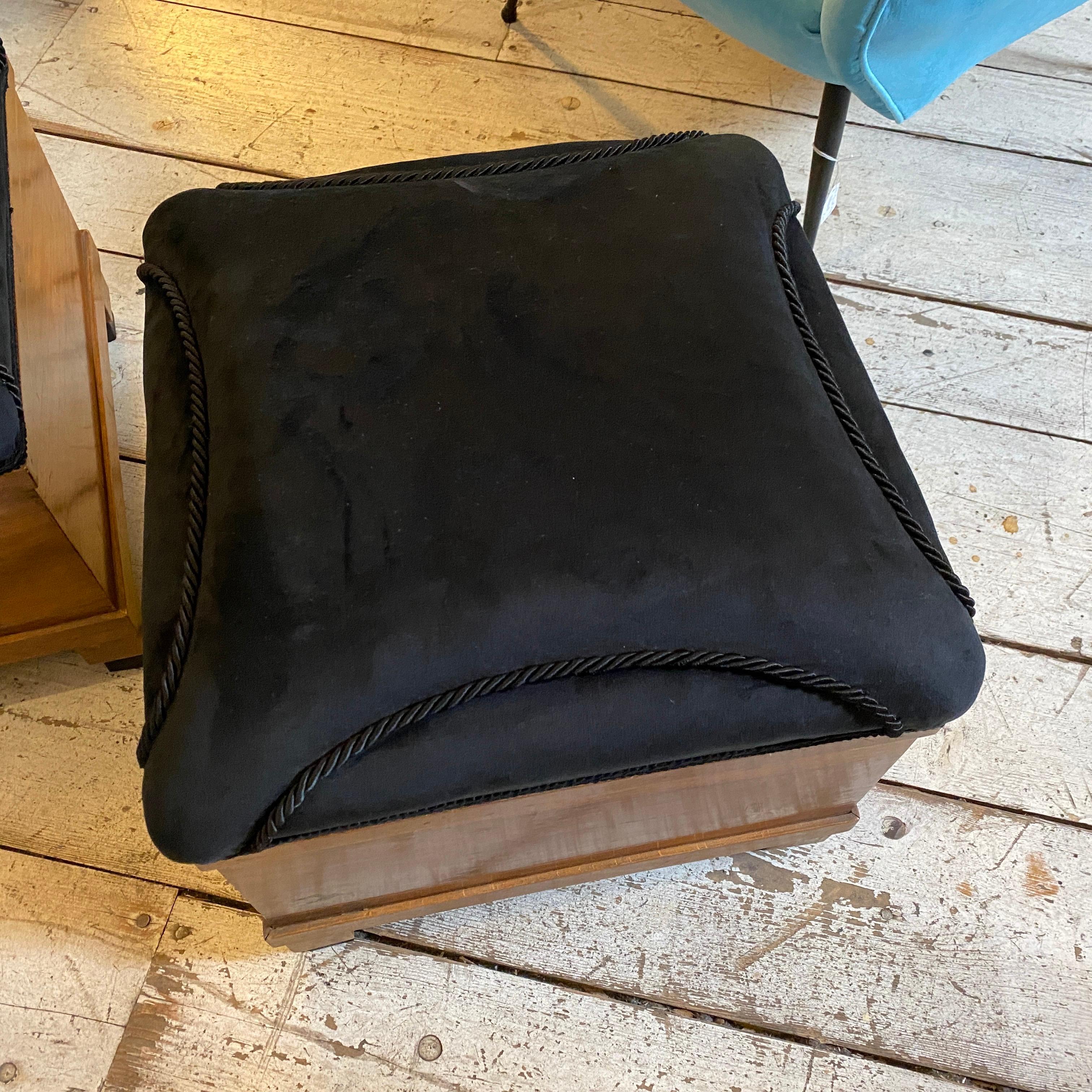 Fruitwood 1930s Set of Two Art Deco Black Velvet and Wood Italian Poufs