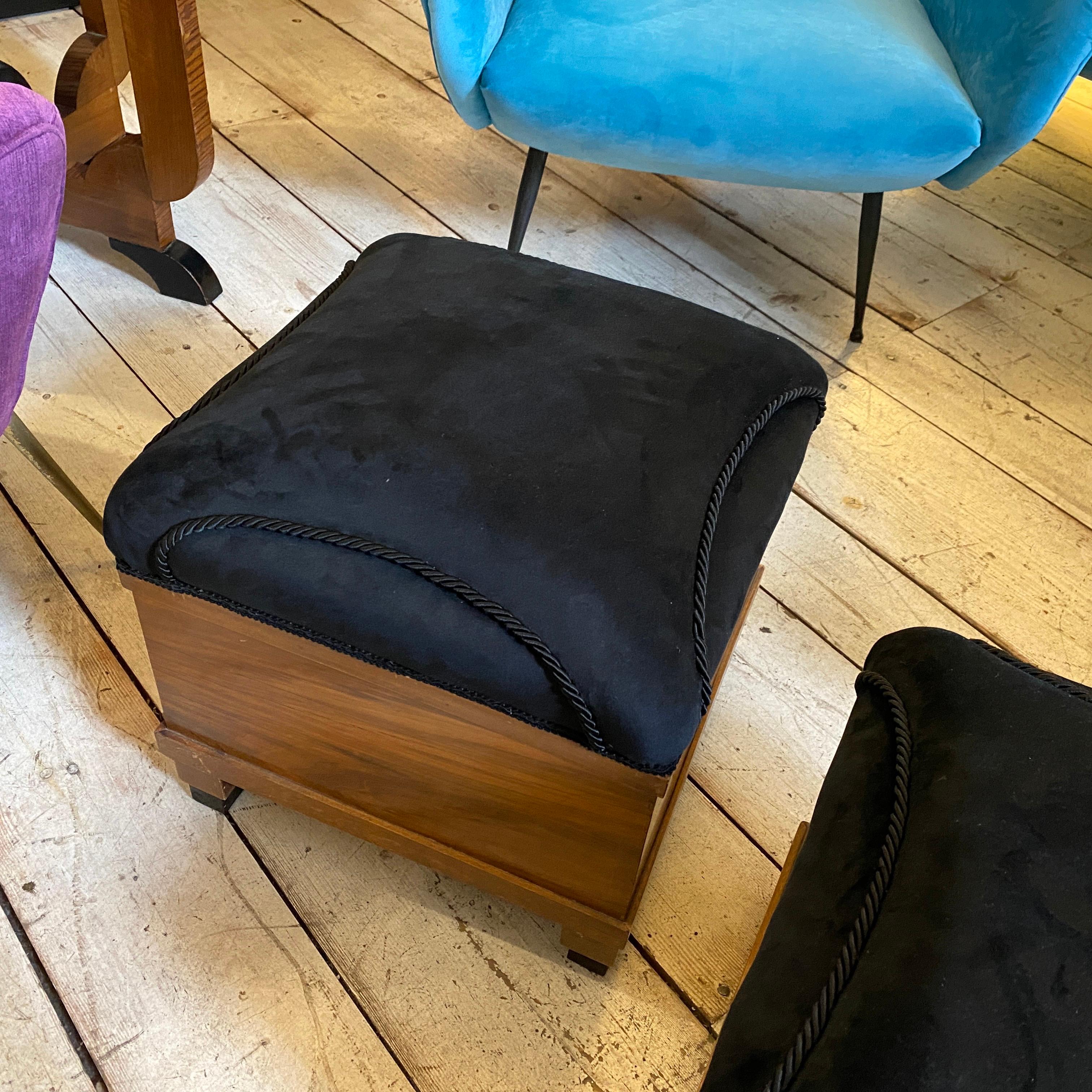 1930s Set of Two Art Deco Black Velvet and Wood Italian Poufs 1