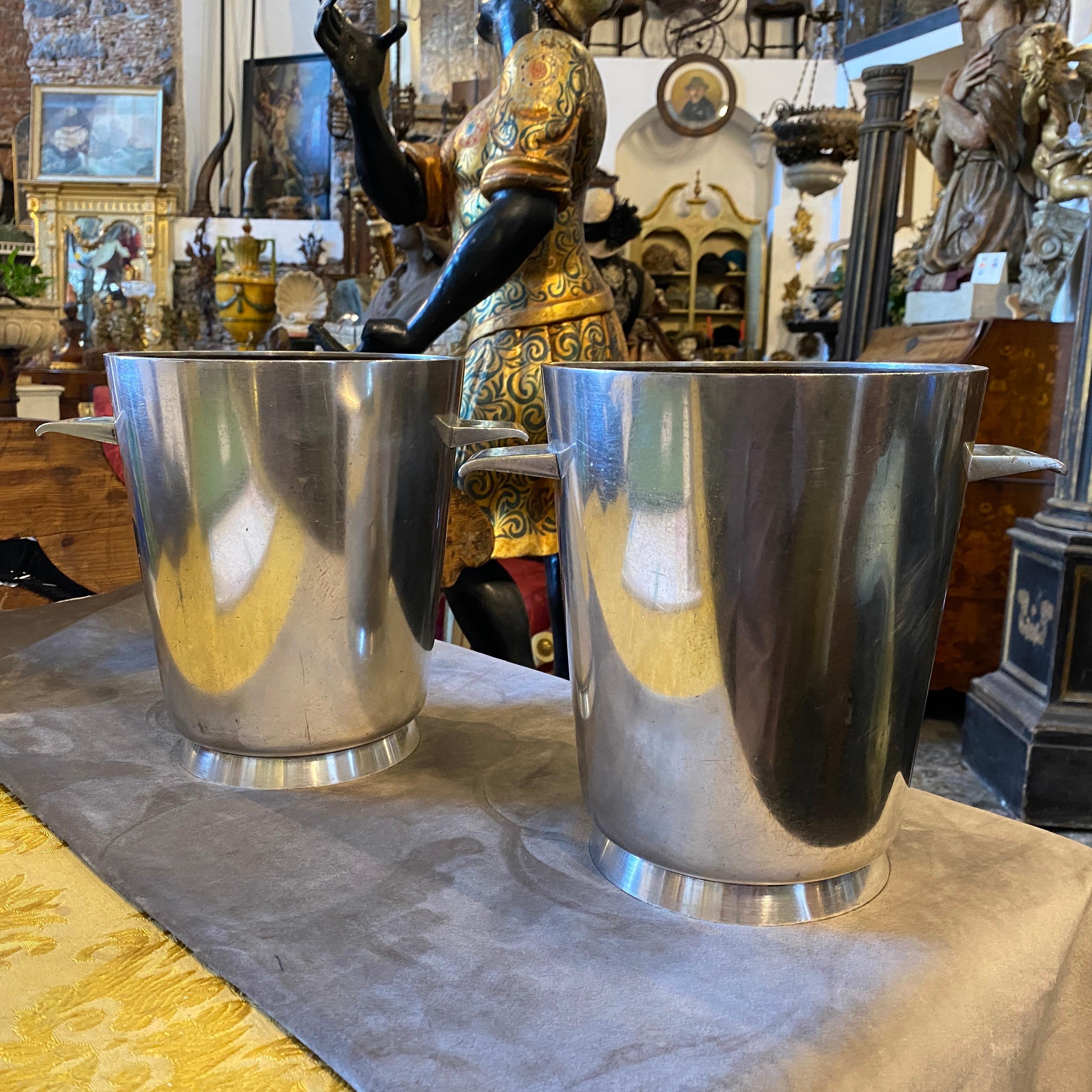 Amazing pair of alpaca wine coolers manufactured in Milano by Krupp. The wine coolers are designed by Gio Ponti and they are used in hotels for hotellerie. They are marked on the bottom, Krupp Milano and they are especially made for the Italian