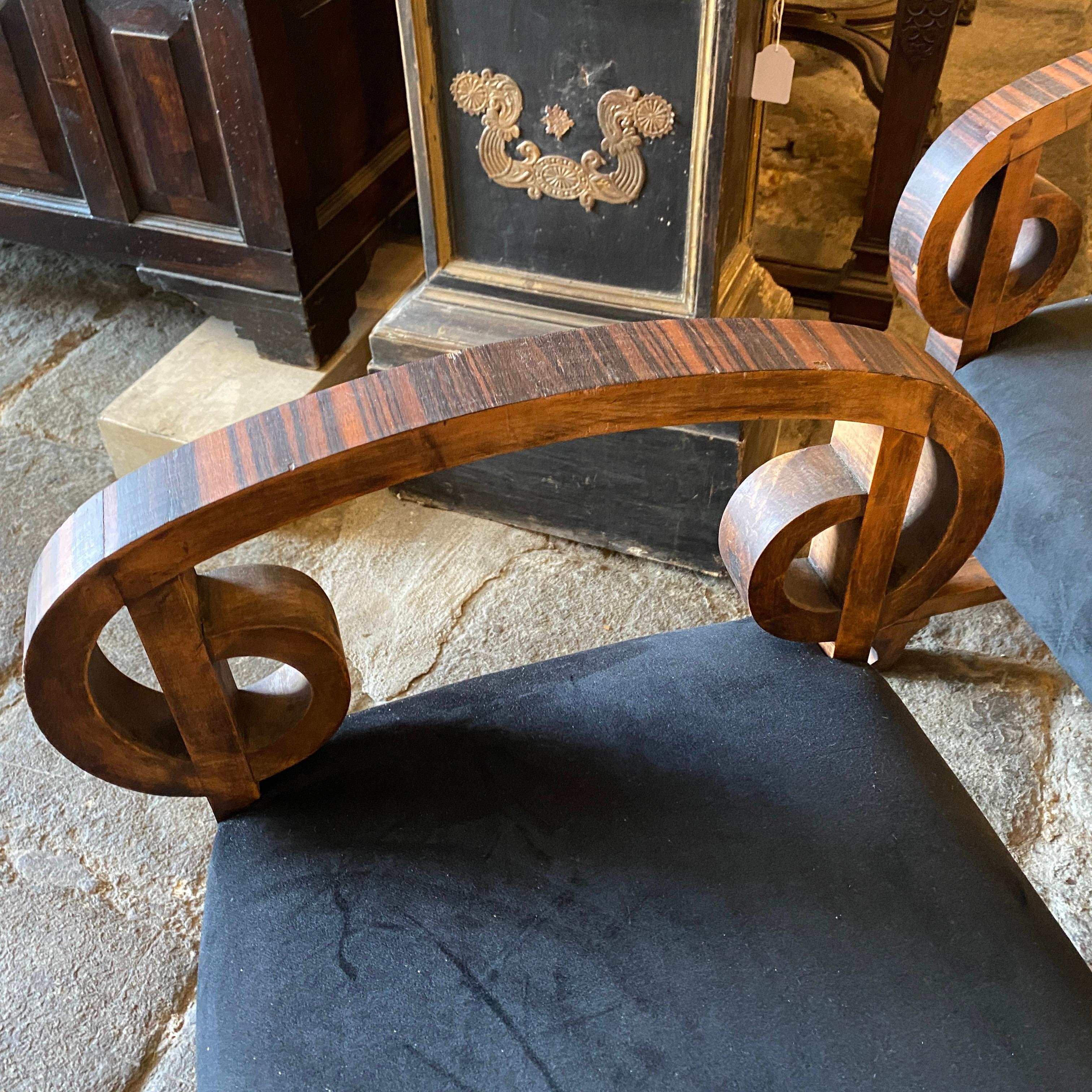 1930s Set of Two Art Deco Wood and Black Velvet Italian Poufs 5