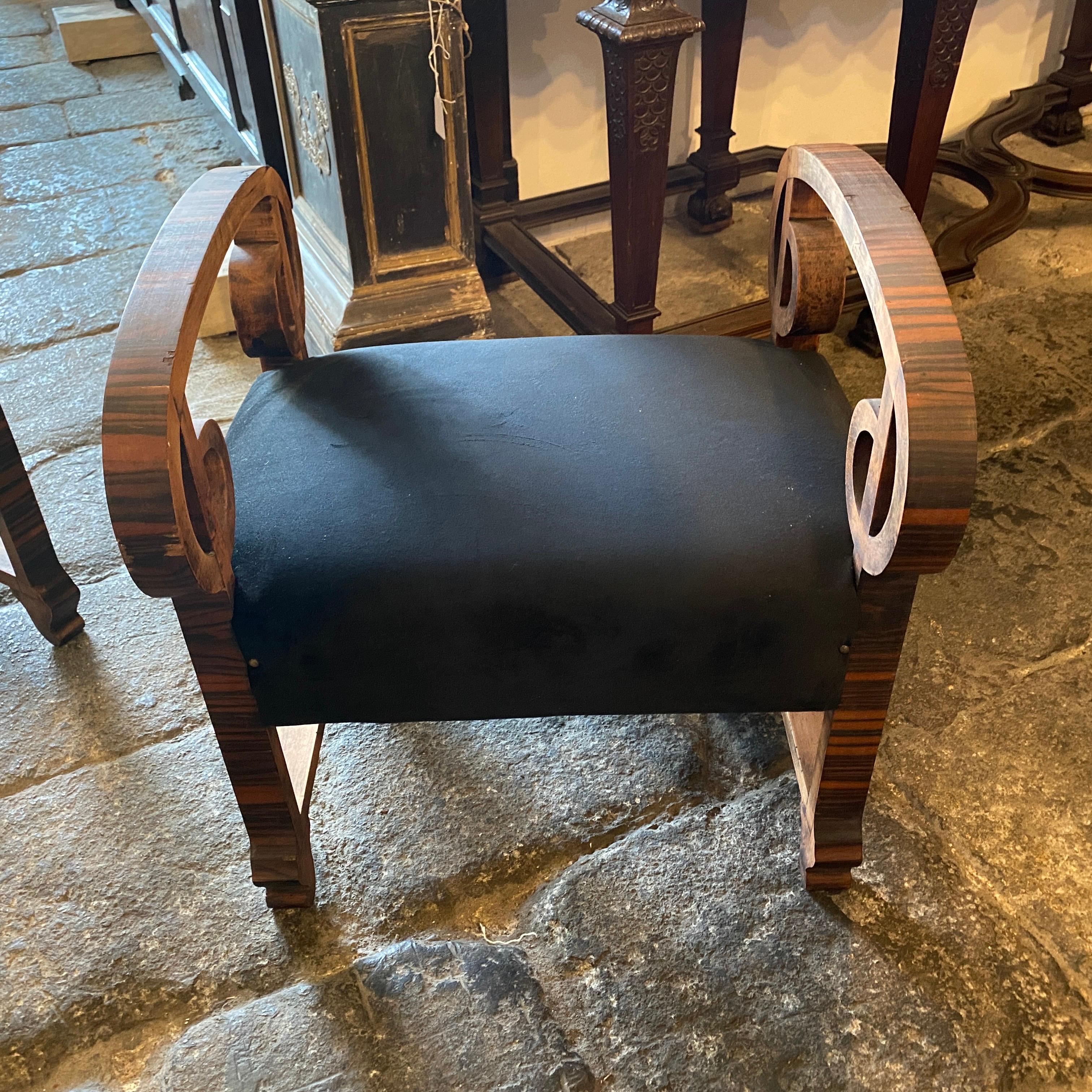 20th Century 1930s Set of Two Art Deco Wood and Black Velvet Italian Poufs