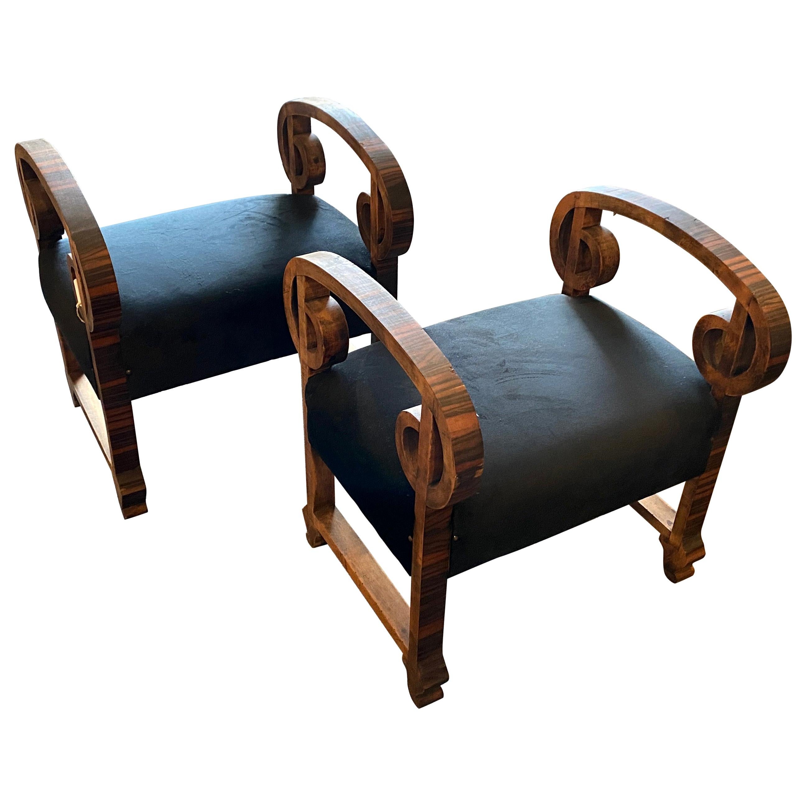 1930s Set of Two Art Deco Wood and Black Velvet Italian Poufs