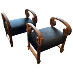 1930s Set of Two Art Deco Wood and Black Velvet Italian Poufs