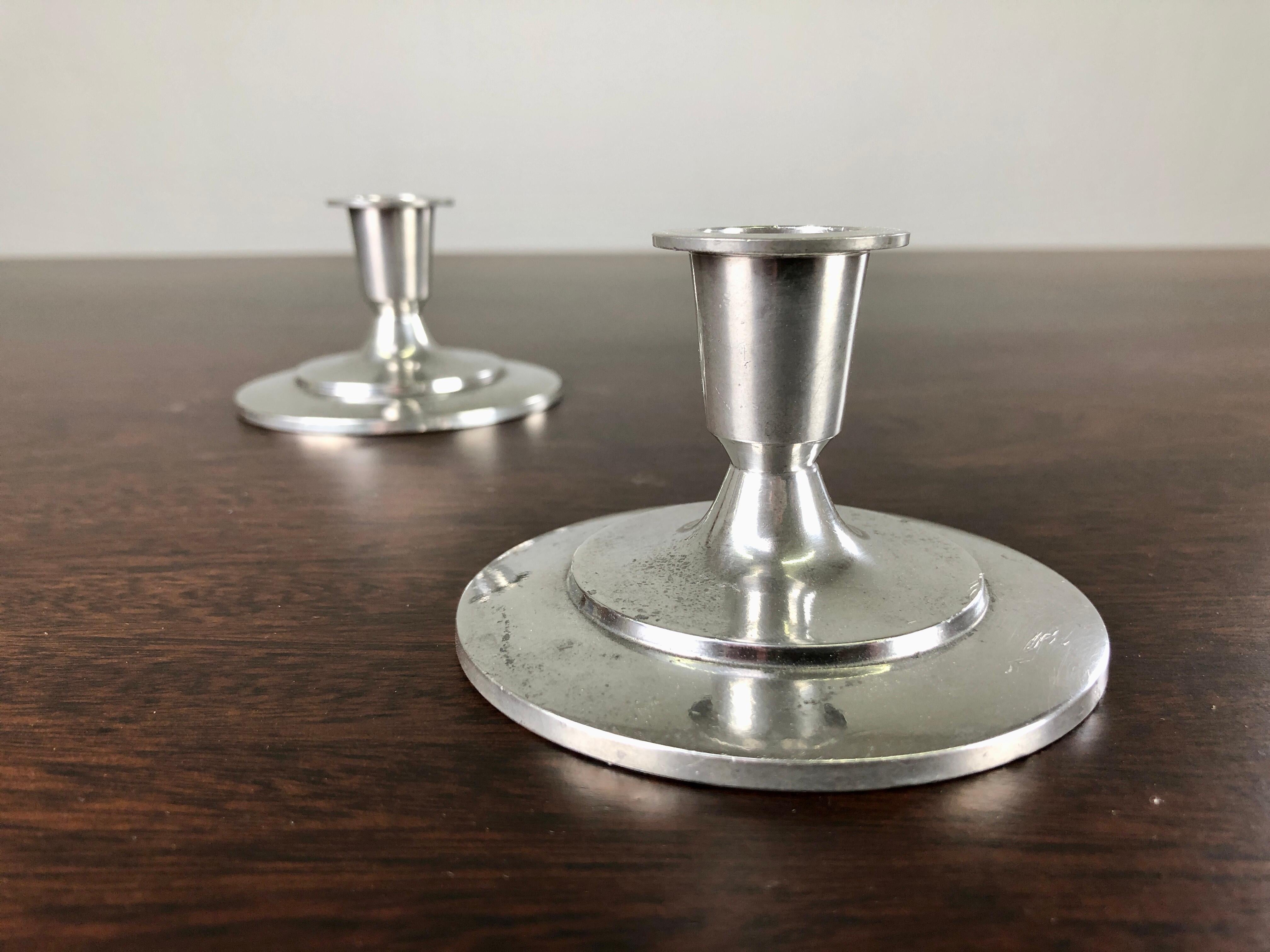 1930s Set of Two Danish Just Andersen Art Deco Pewter Candlesticks In Good Condition In Knebel, DK