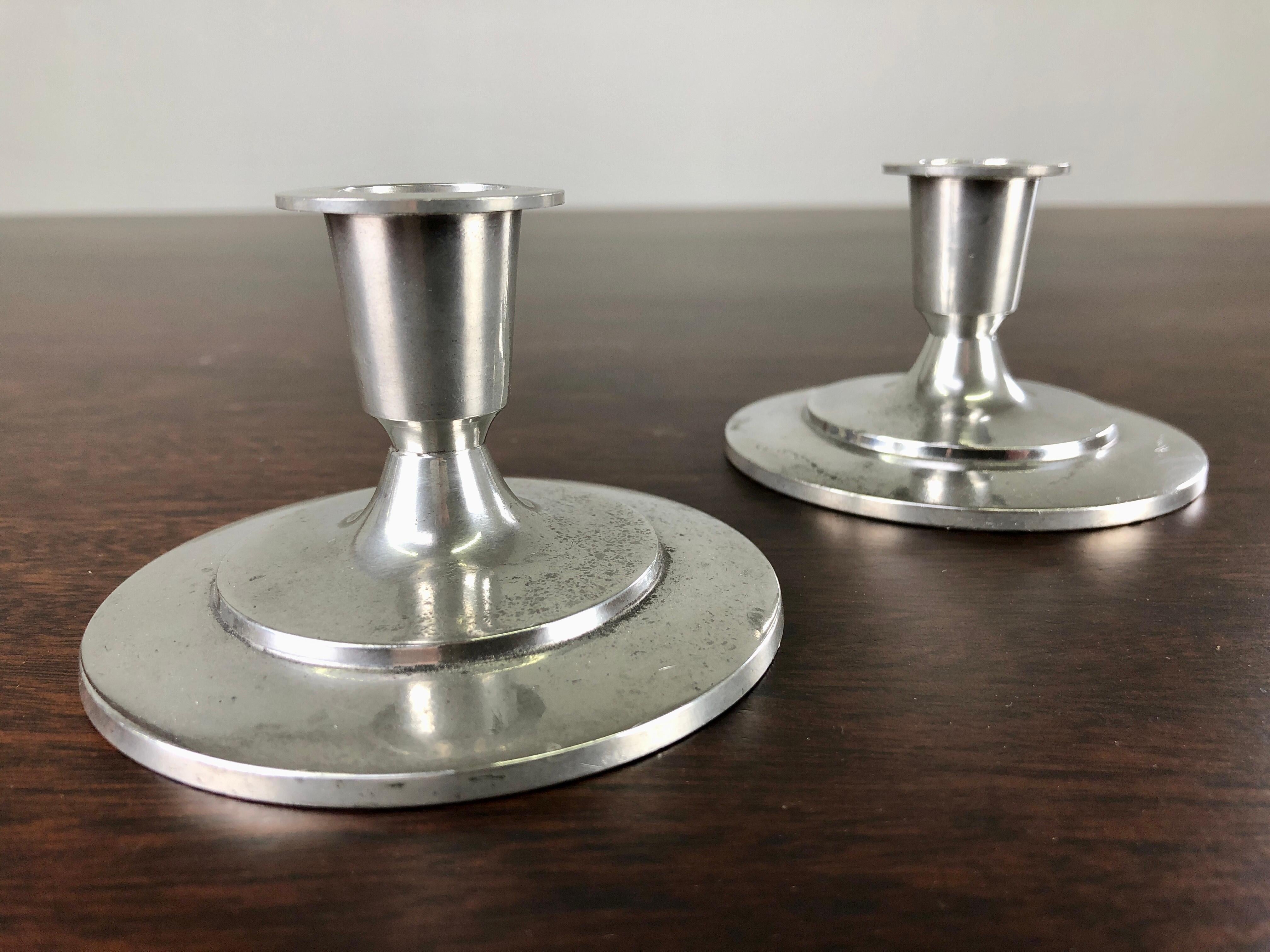 Mid-20th Century 1930s Set of Two Danish Just Andersen Art Deco Pewter Candlesticks