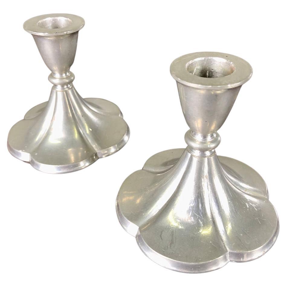 Set of Two Danish Just Andersen Five-Leaf Clover Art Deco Pewter Candlesticks For Sale