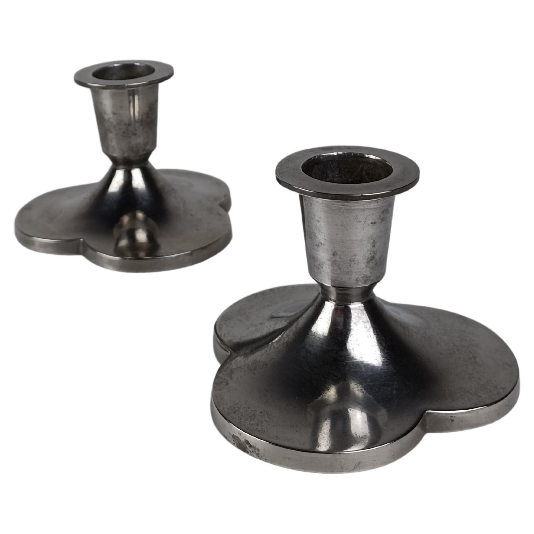 1930s Set of Two Danish Just Andersen Art Deco Three Clover Pewter Candlesticks For Sale