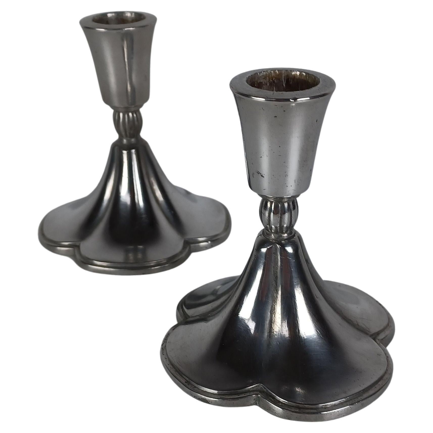 1930s Set of Two Danish Just Andersen Four-Leaf Clover Pewter Candlesticks For Sale