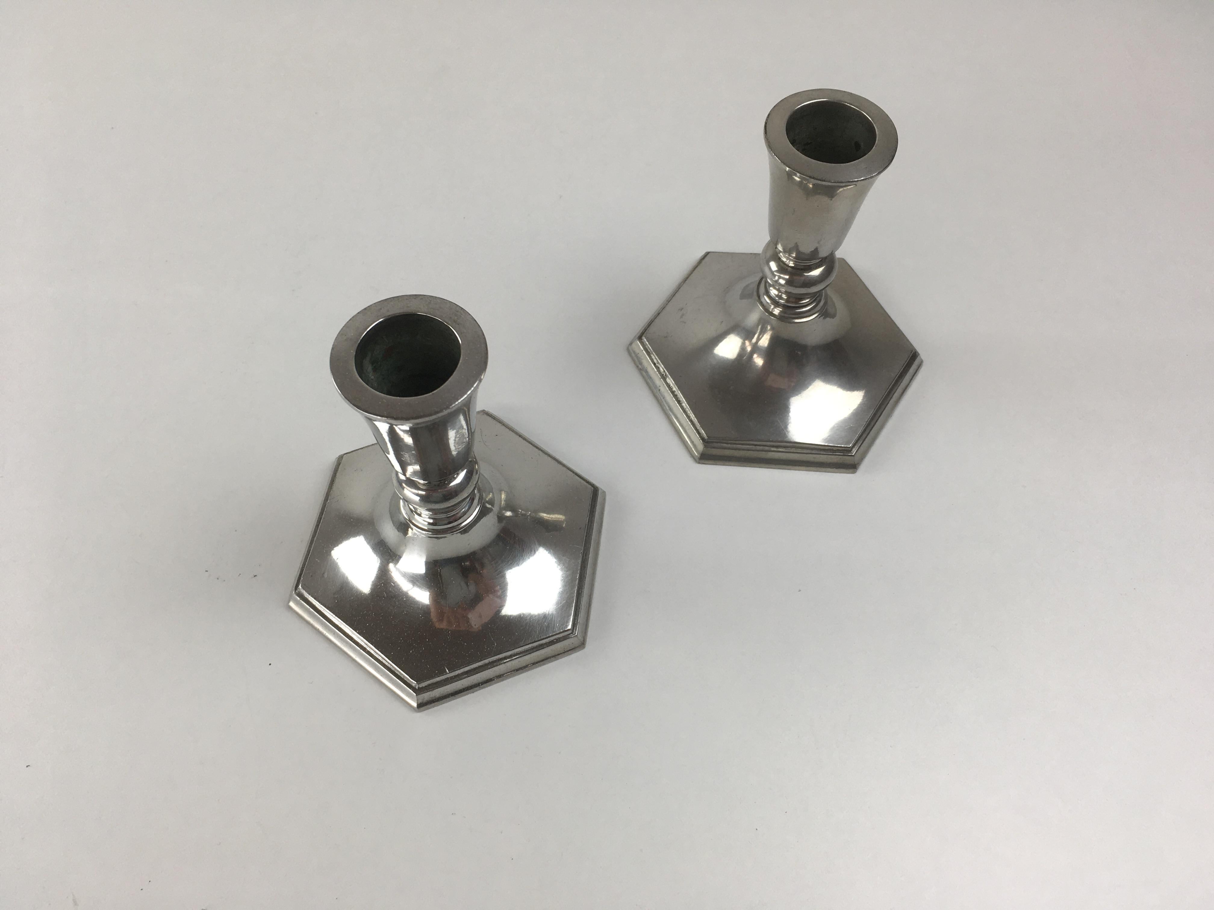 Art Deco 1930s Set of Two Danish Just Andersen Pewter Candlesticks For Sale