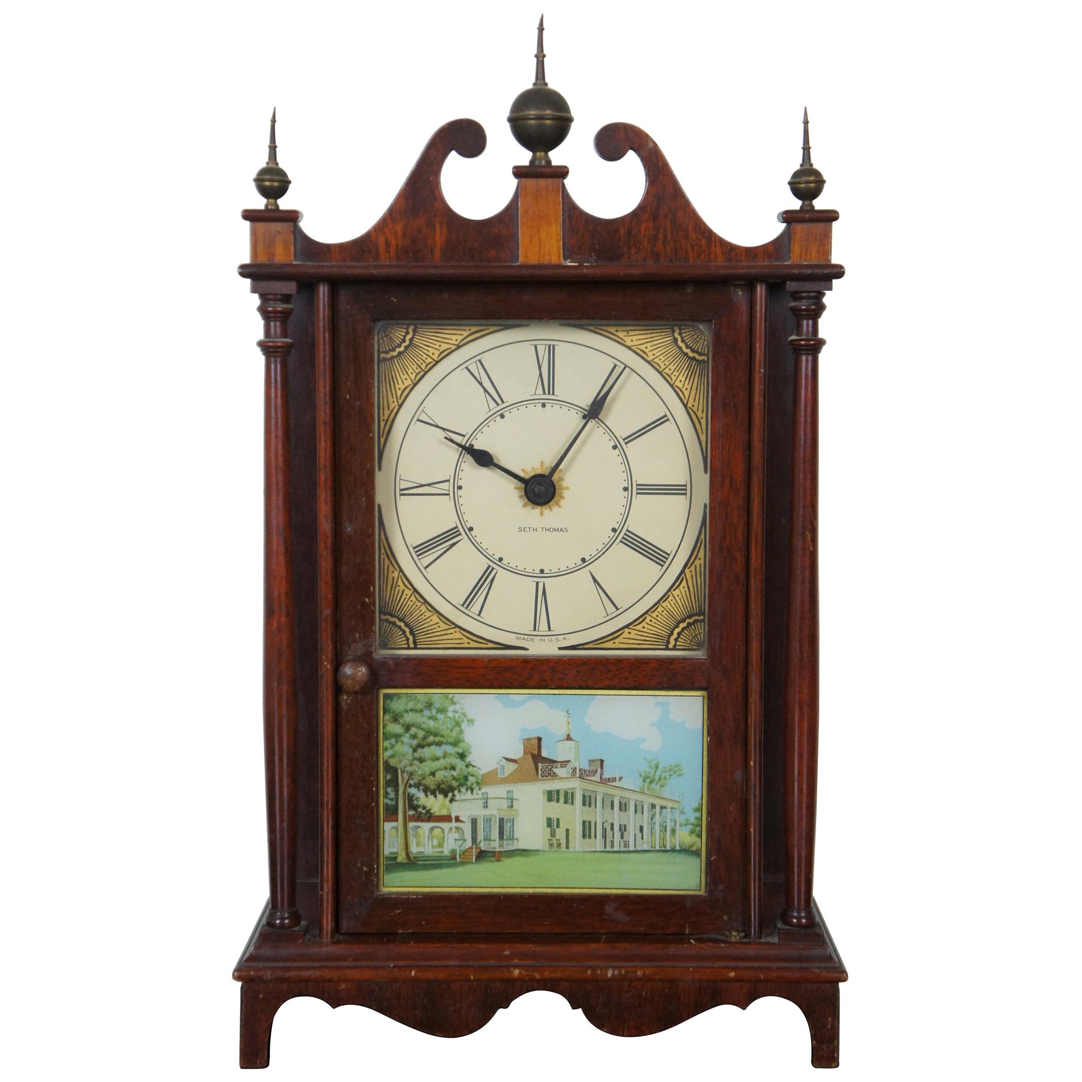 1930s Seth Thomas Kingsbury Pillar Scroll Electric Mantel Clock Reverse Painted