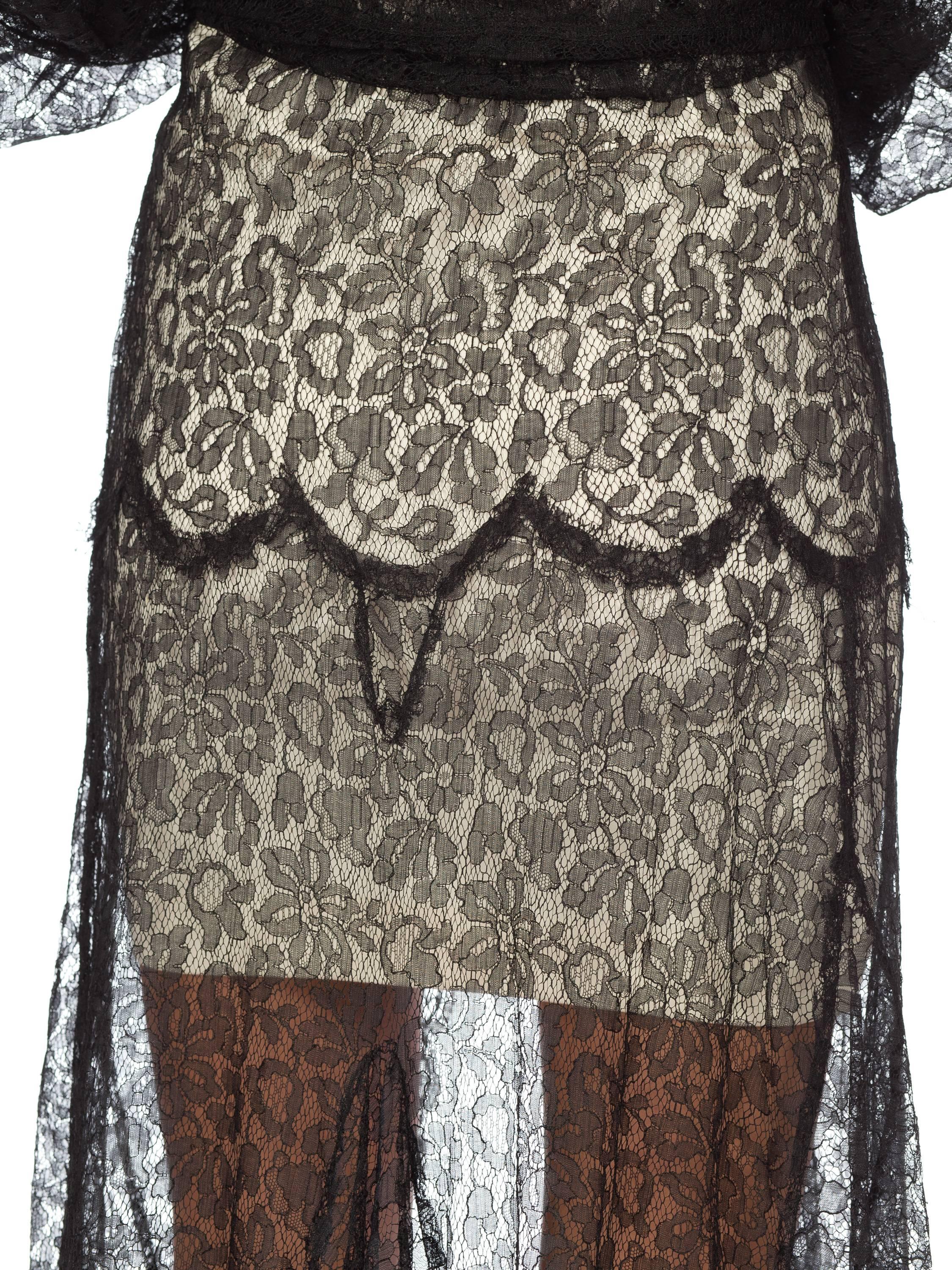 1930S Black Sheer Lace Bishop Sleeve Robe With Belt 7