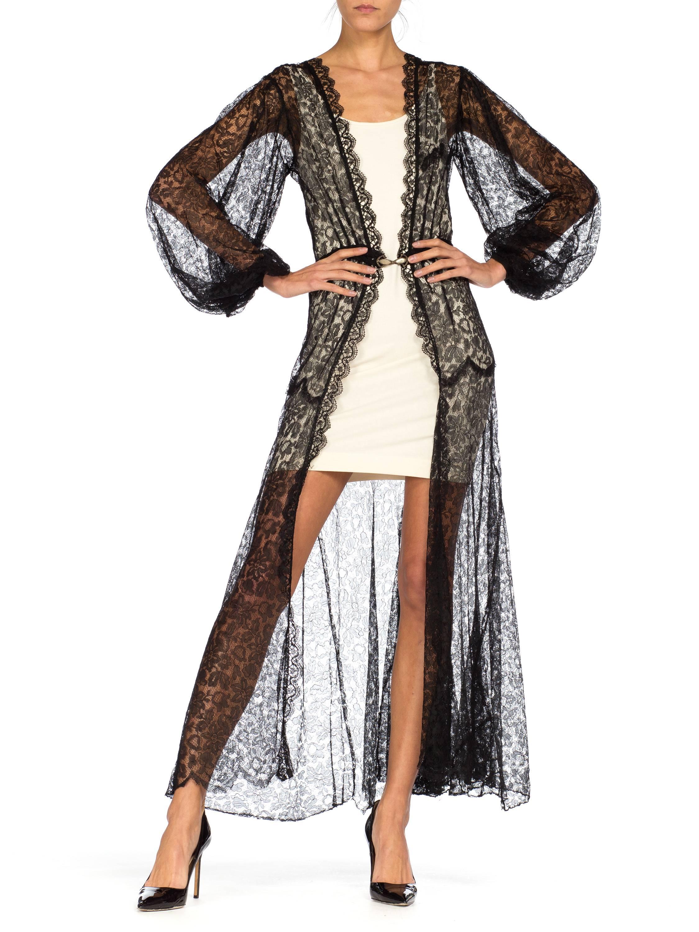 1930S Black Sheer Lace Bishop Sleeve Robe With Belt 3