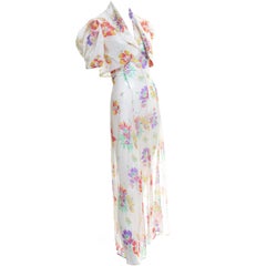1930s Sheer Floral Silk Chiffon Halter Dress W Puffy Sleeve Bolero Jacket