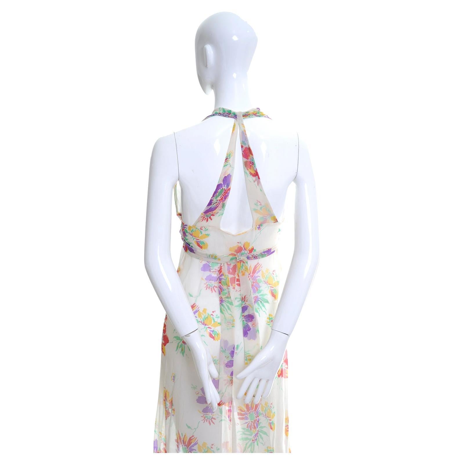 Gray 1930s Sheer Floral Silk Chiffon Halter Dress W Puffy Sleeve Bolero Jacket For Sale