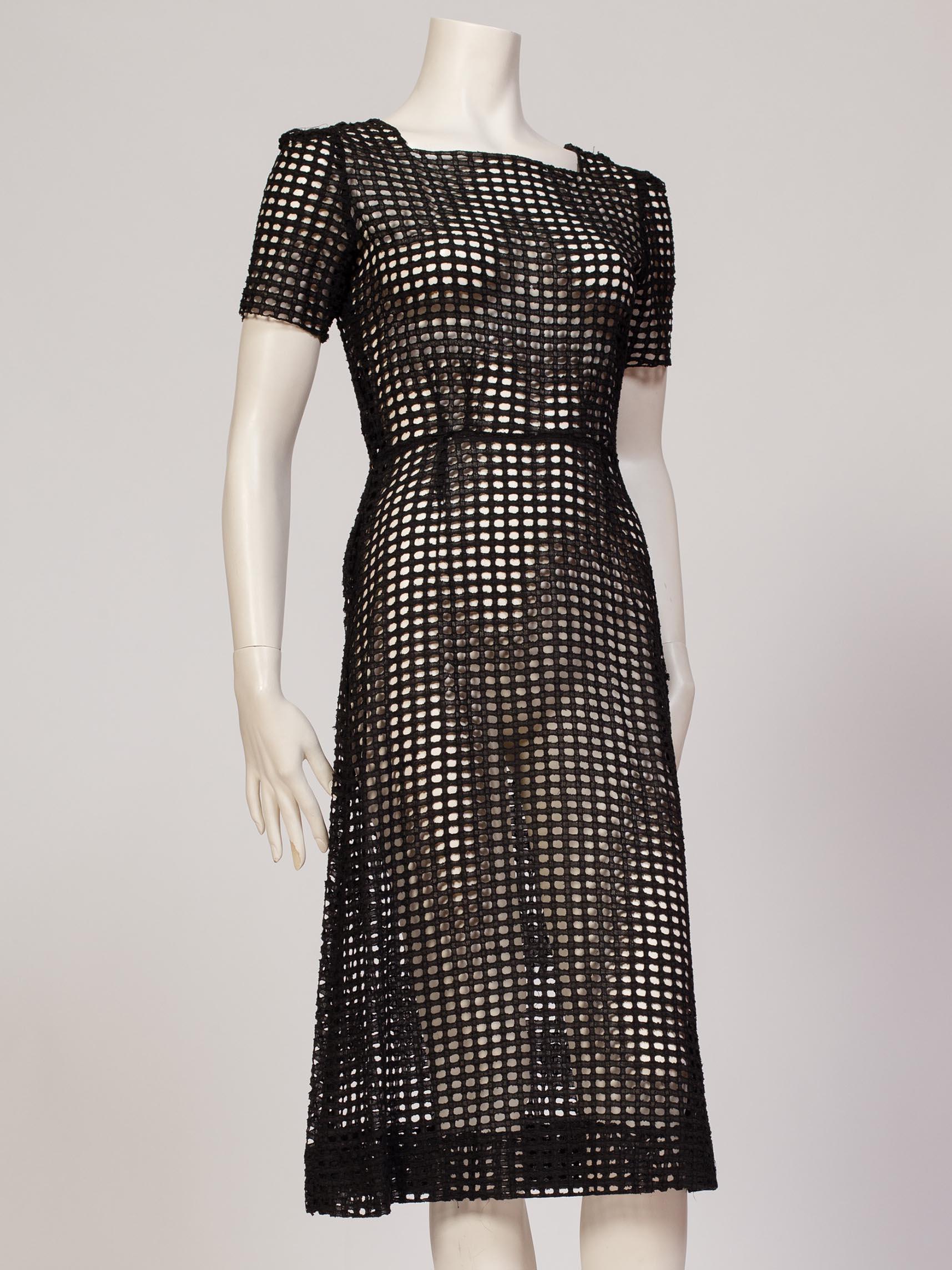 Black 1930s Sheer Geometric Eyelet Cotton Lace Dress