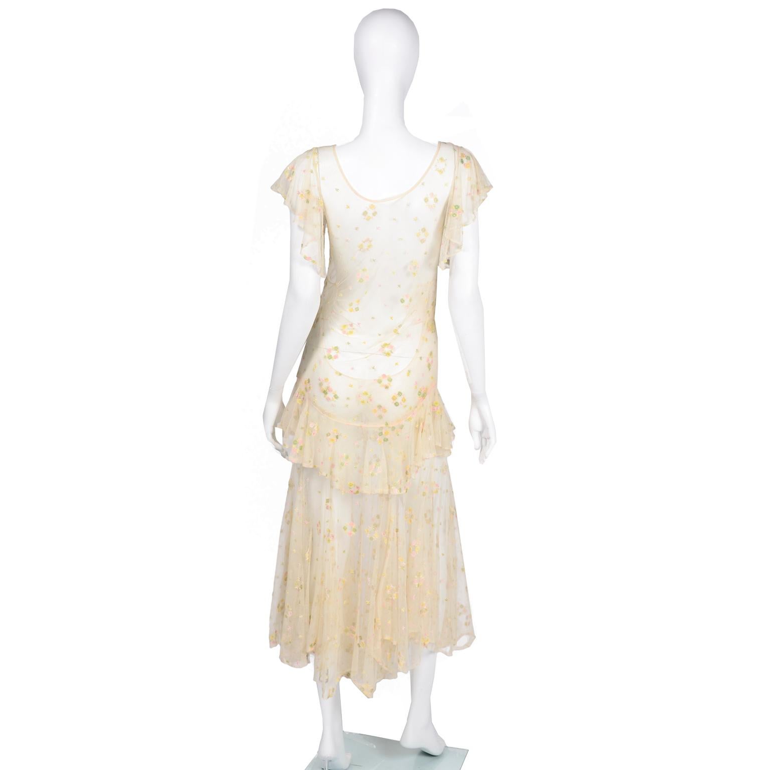 Beige 1930s Sheer Vintage Net Lace Dress w Butterfly Sleeves Embroidered w Flowers