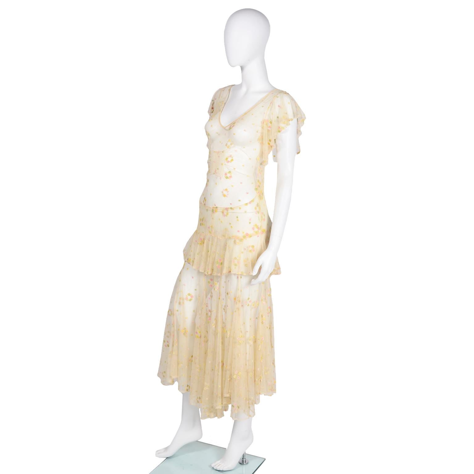 1930s Sheer Vintage Net Lace Dress w Butterfly Sleeves Embroidered w ...