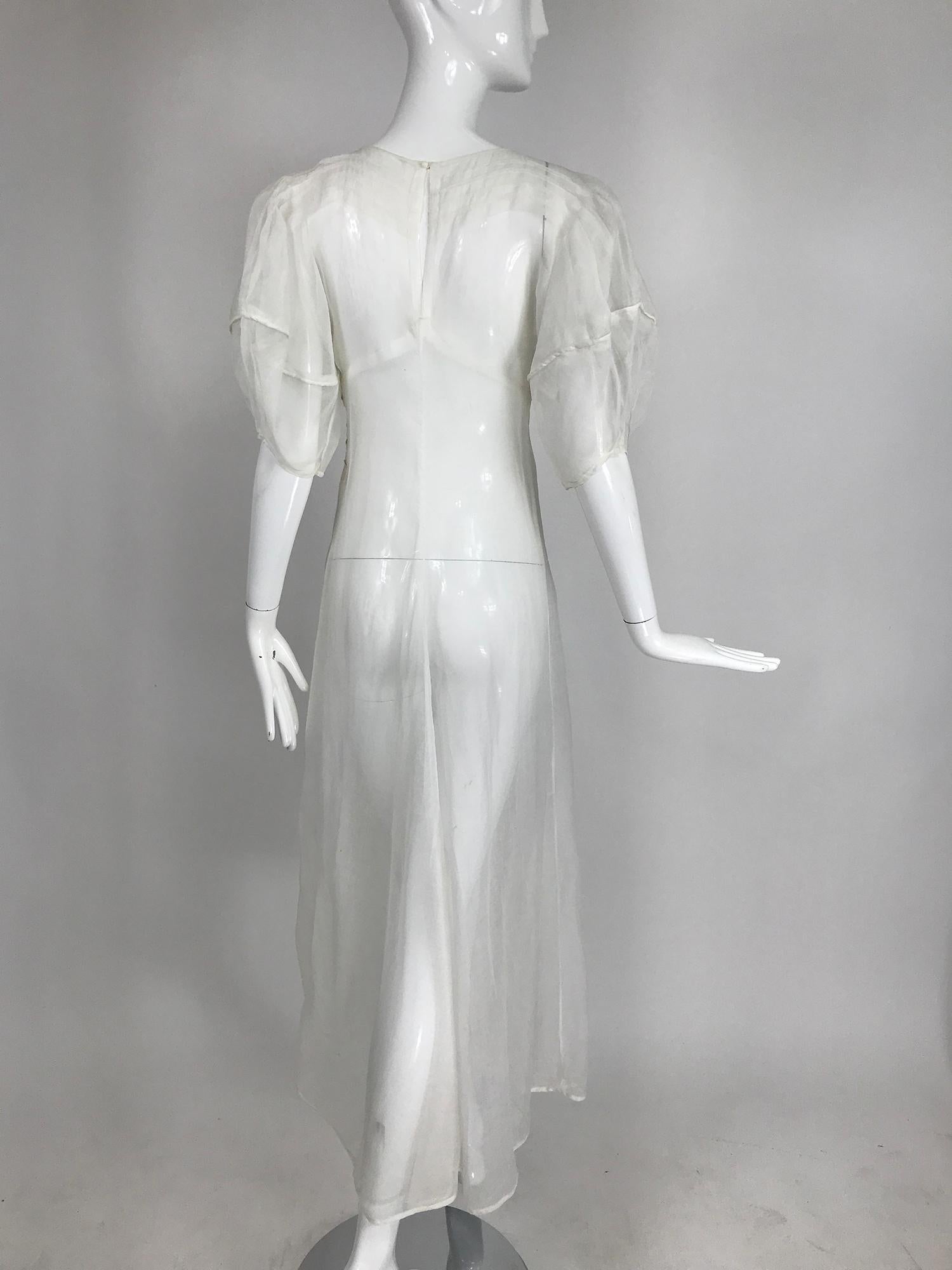Gray 1930s Sheer White Organza Lantern Sleeve Gown 