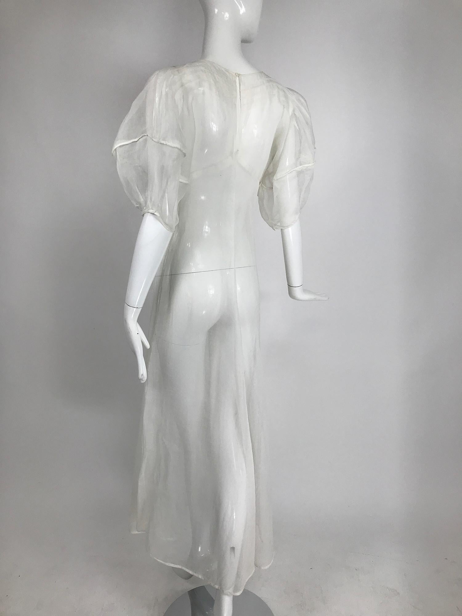 1930s Sheer White Organza Lantern Sleeve Gown  In Good Condition In West Palm Beach, FL