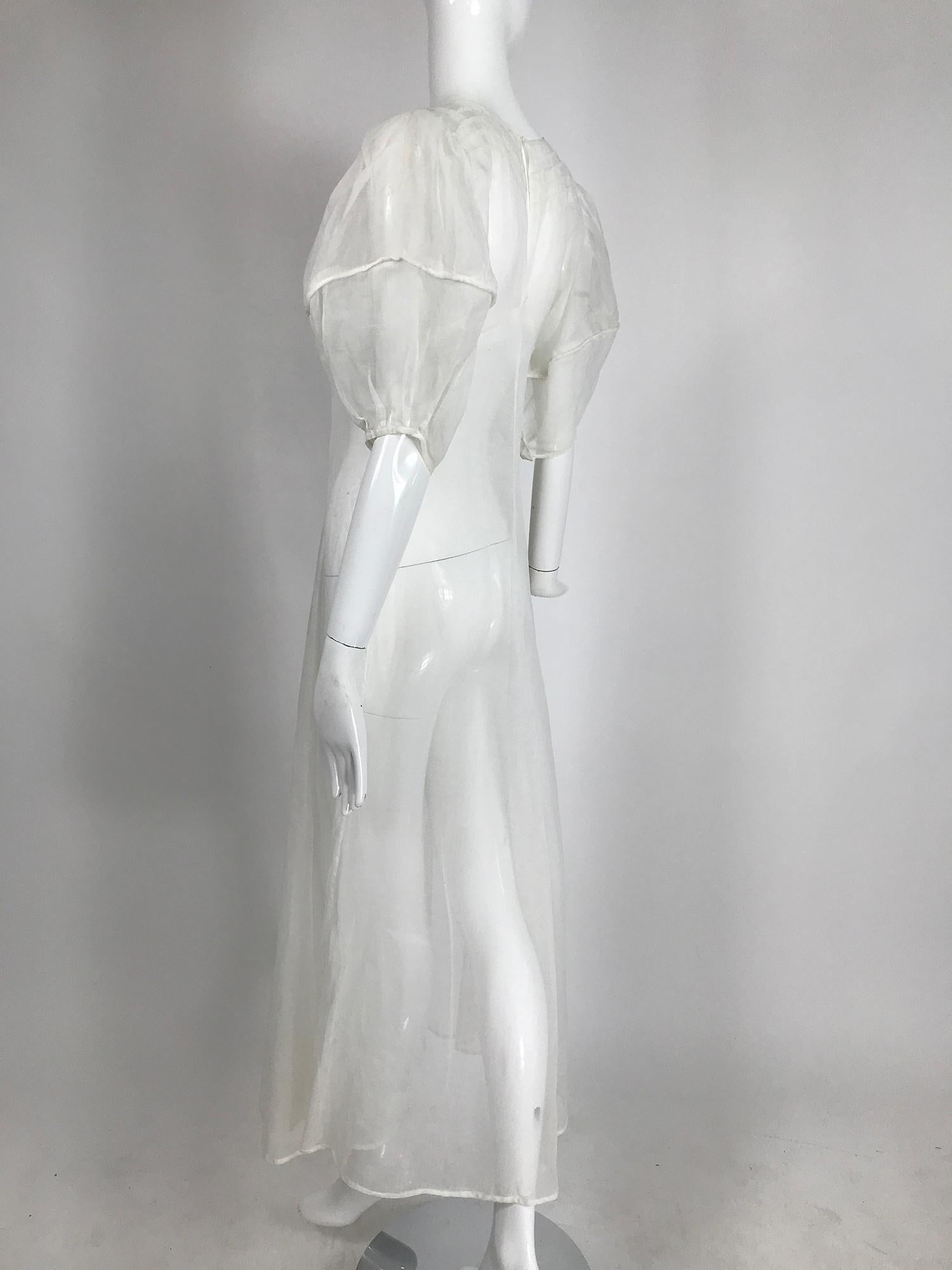 Women's 1930s Sheer White Organza Lantern Sleeve Gown 