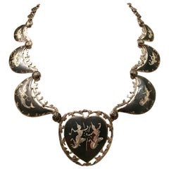 1930'S Siamese Sterling Silver & Niello Enamel Heart Choker Necklace