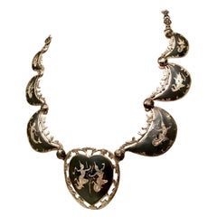 Vintage 1930'S Siamese Sterling Silver & Niello Enamel Heart Choker Necklace