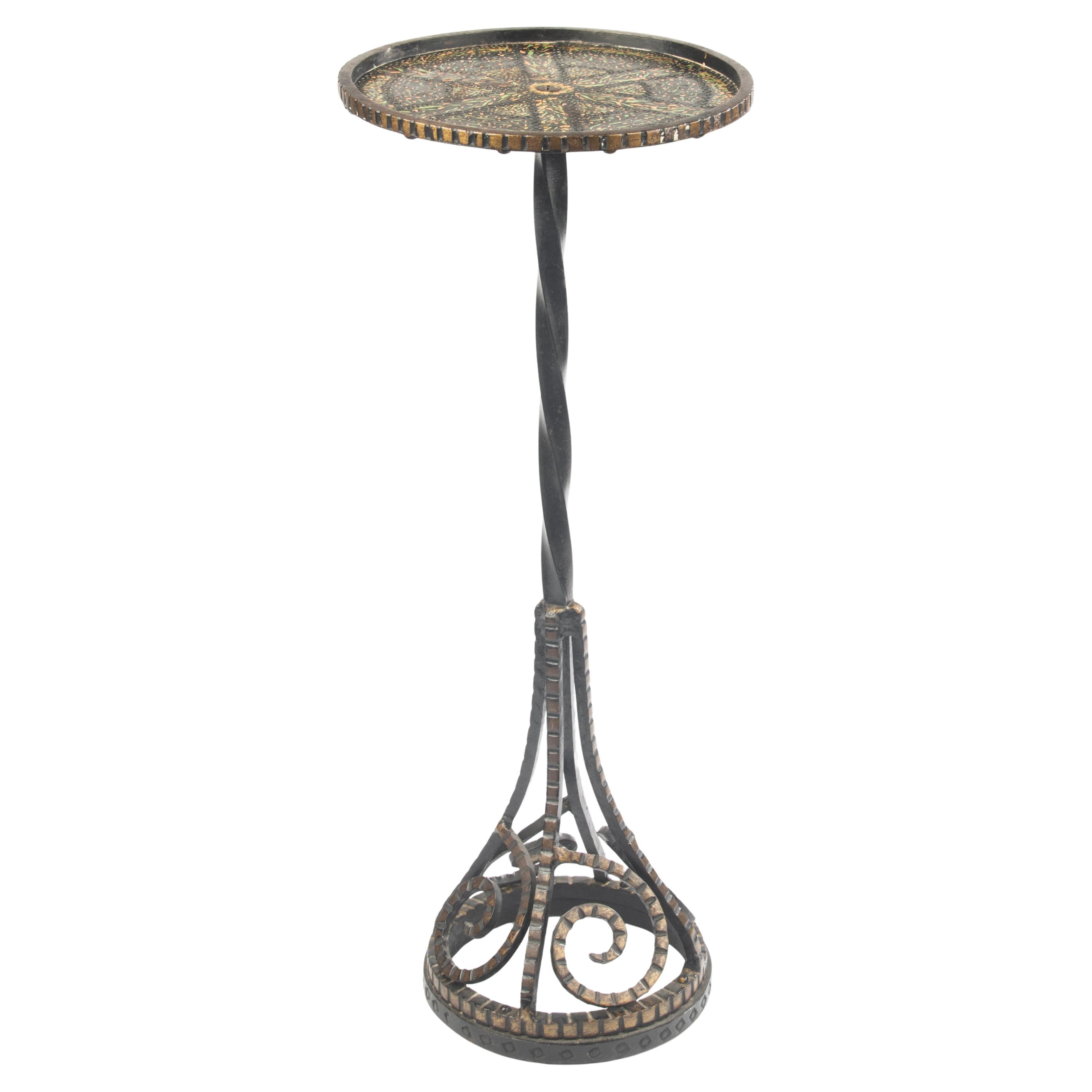1930's Side Table - Art Deco - Hammered Wrought Iron - Painted Decoration For Sale