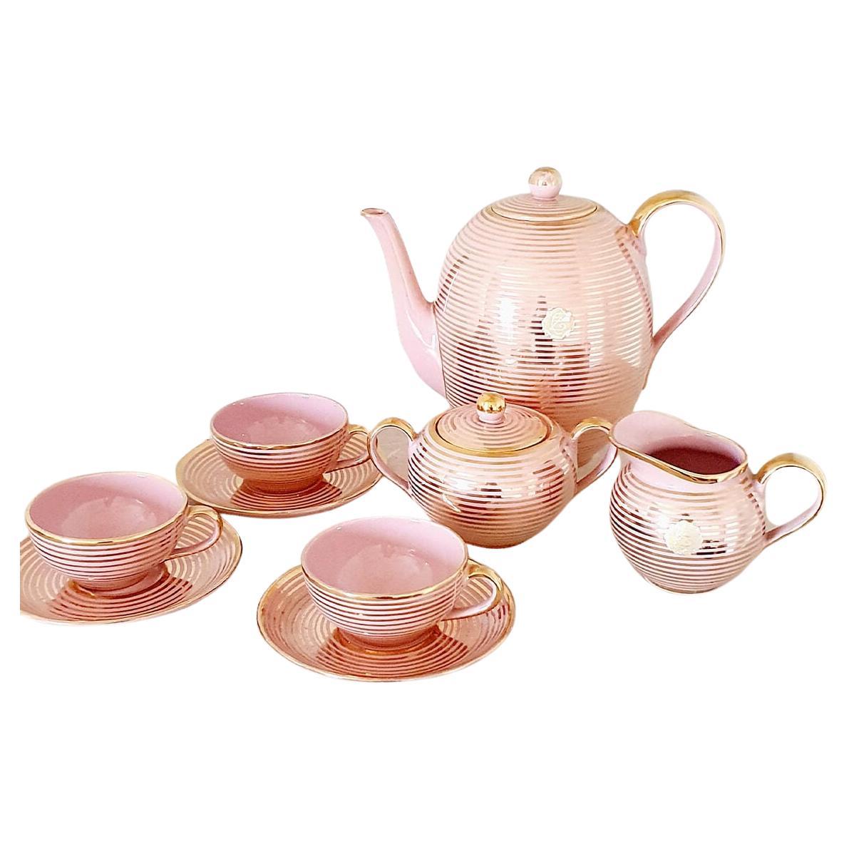 1930s Signed Richard Ginori 15 Piece Pink and Gold Italian Tea Service