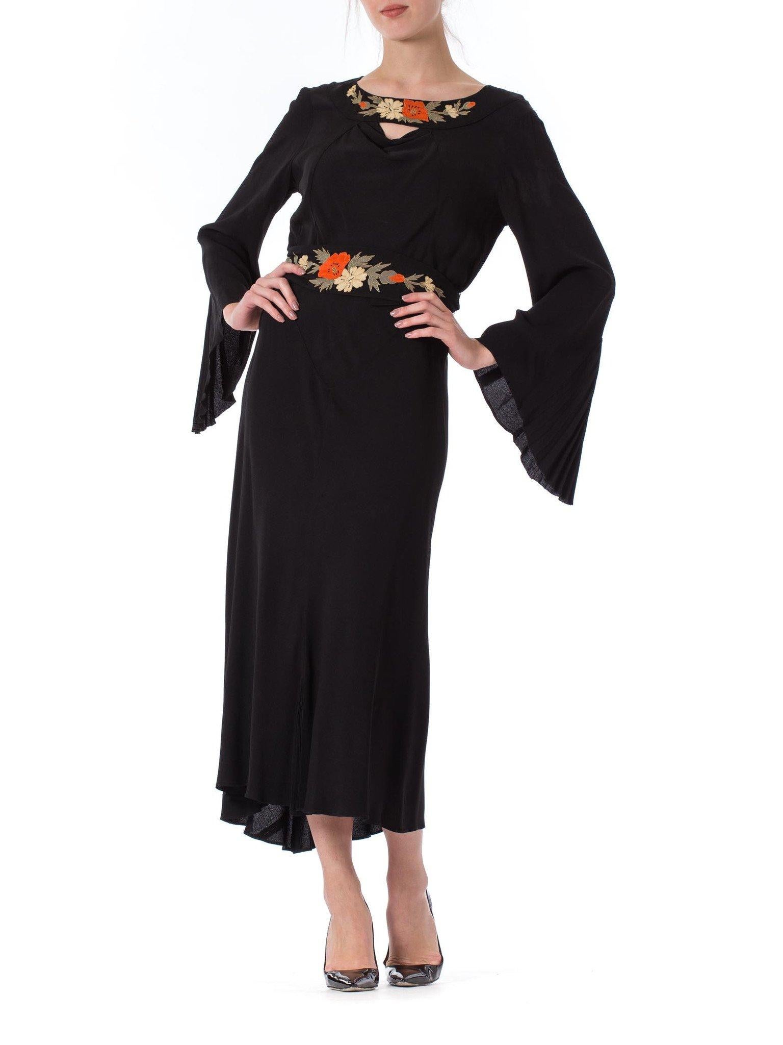 1930S Black Silk Crepe Back Satin Pleated Bell Sleeve Dress With Floral Appliqué Belt & Neckline XL