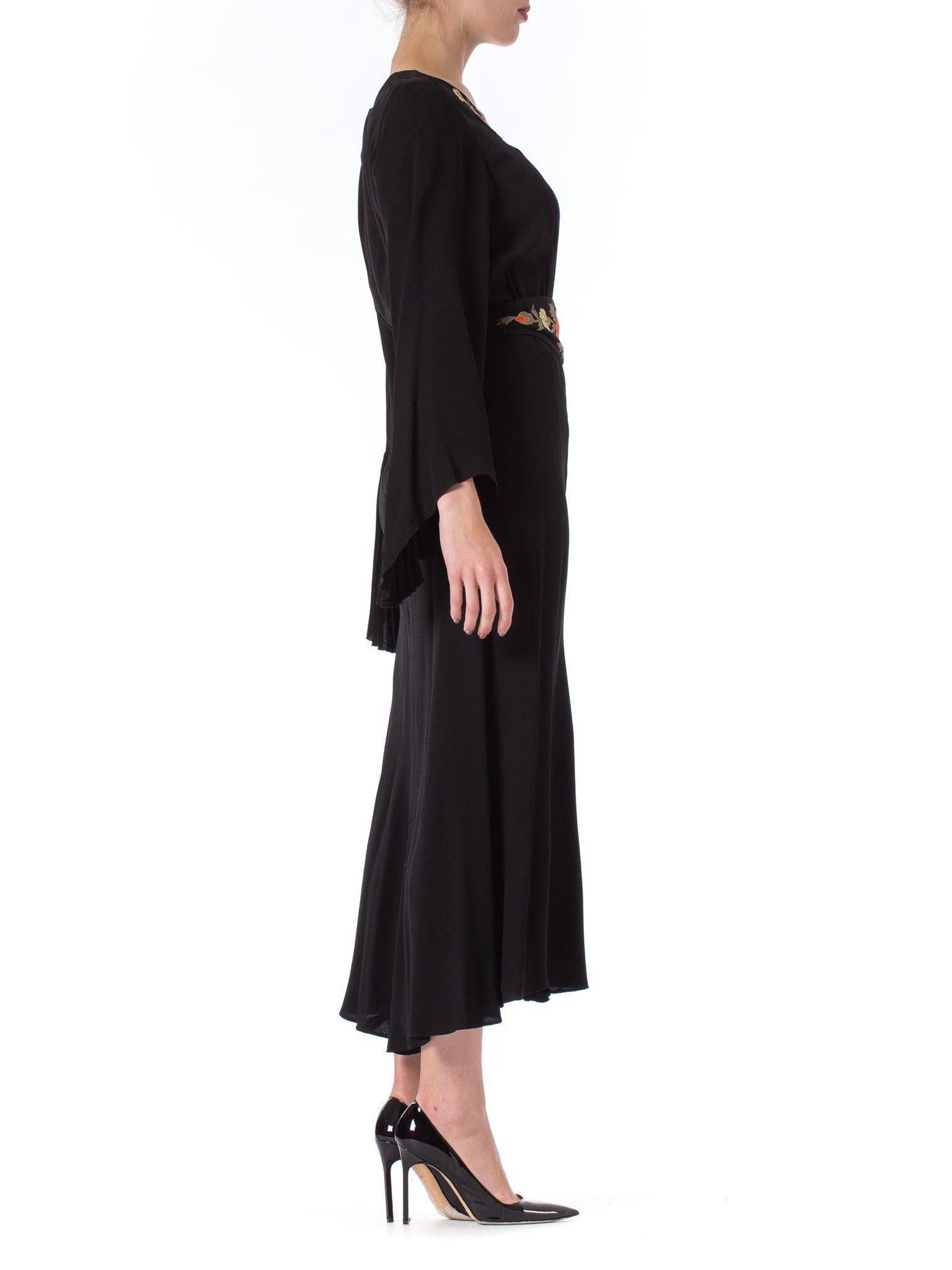 Women's 1930S Black Silk Crepe Back Satin Pleated Bell Sleeve Dress With Floral Appliqu
