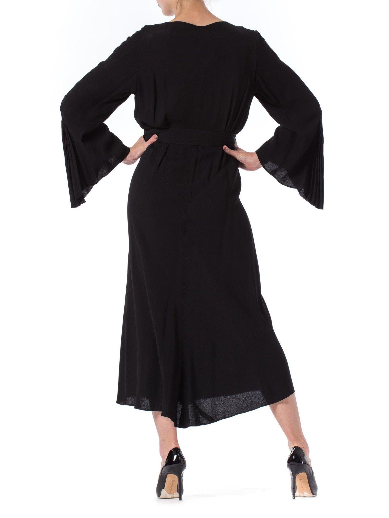 1930S Black Silk Crepe Back Satin Pleated Bell Sleeve Dress With Floral Appliqu 1