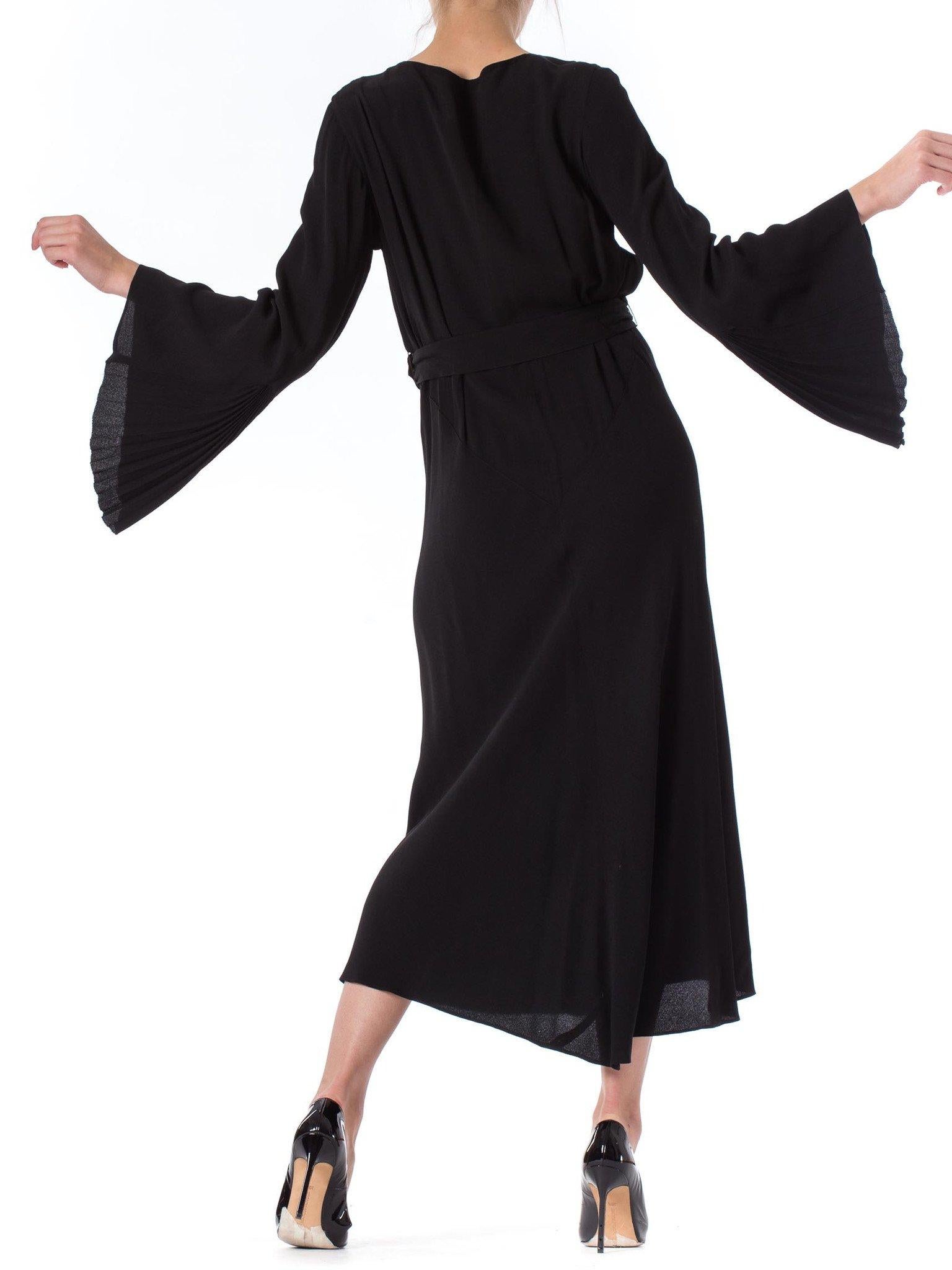 1930S Black Silk Crepe Back Satin Pleated Bell Sleeve Dress With Floral Appliqu 2