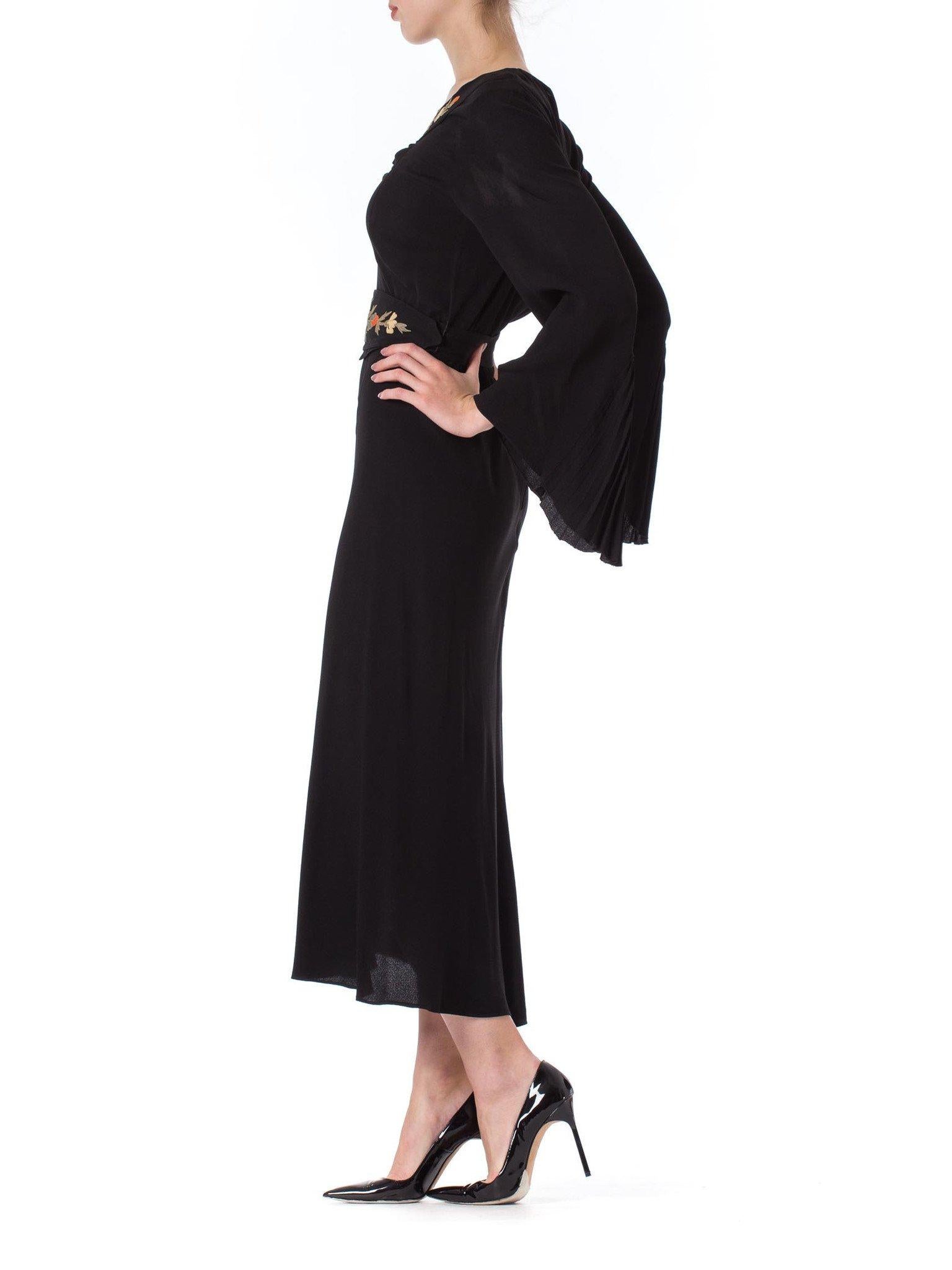 1930S Black Silk Crepe Back Satin Pleated Bell Sleeve Dress With Floral Appliqu 3