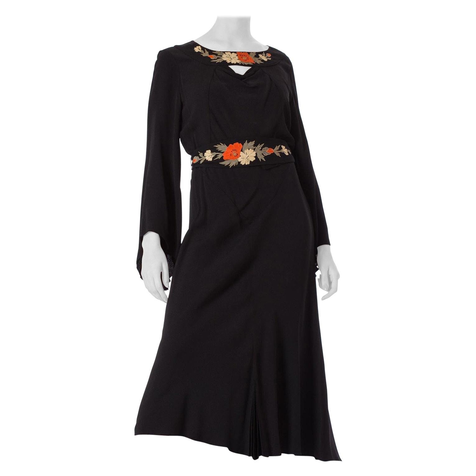 1930S Black Silk Crepe Back Satin Pleated Bell Sleeve Dress With Floral Appliqu