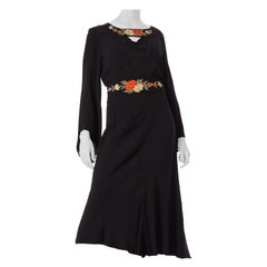 1930S Black Silk Crepe Back Satin Pleated Bell Sleeve Dress With Floral Appliqu