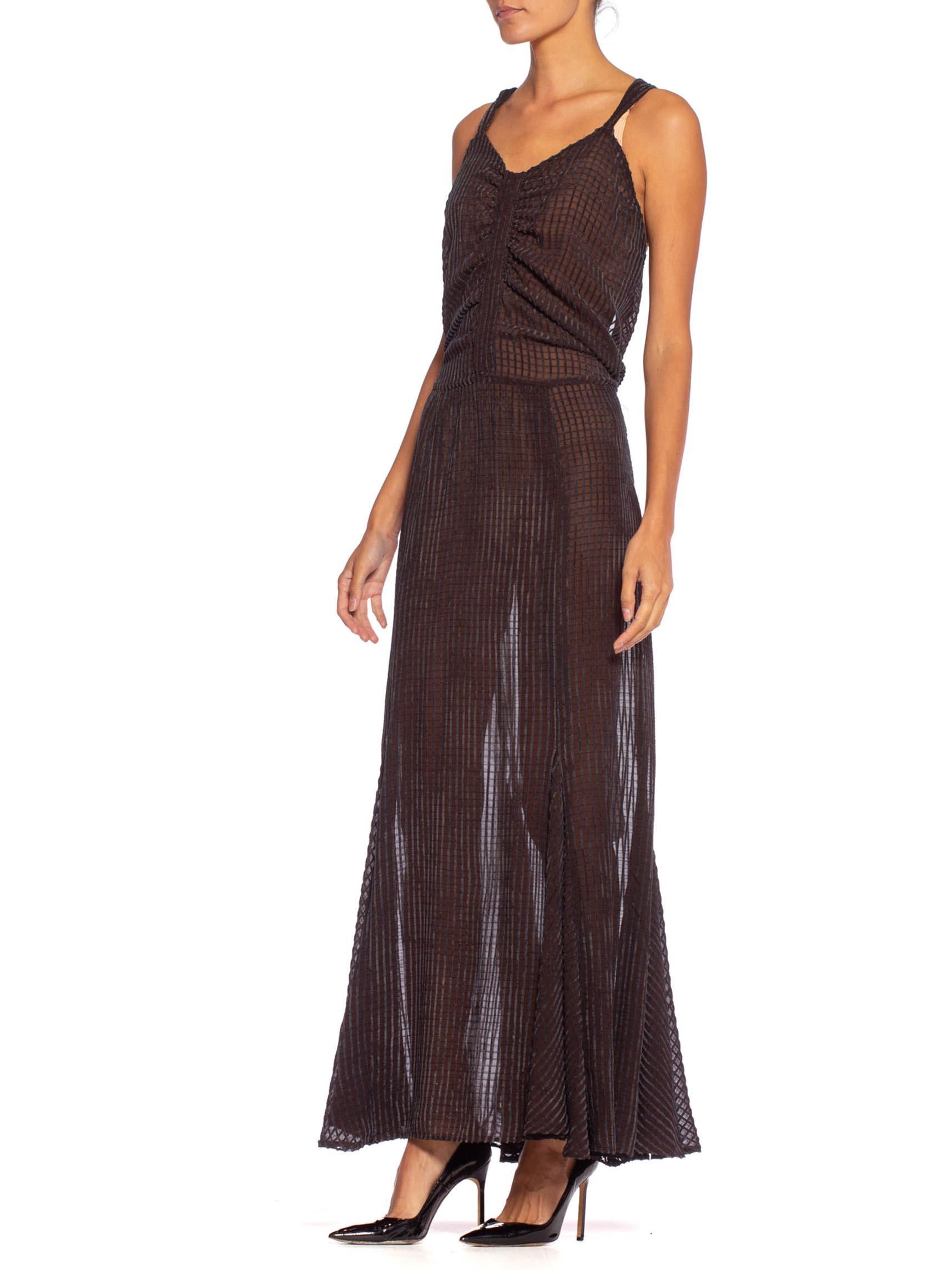 1930'S Brown Silk Chiffon Woven With A Dusty Blue Velvet Stripe Gown From Paris In Excellent Condition In New York, NY