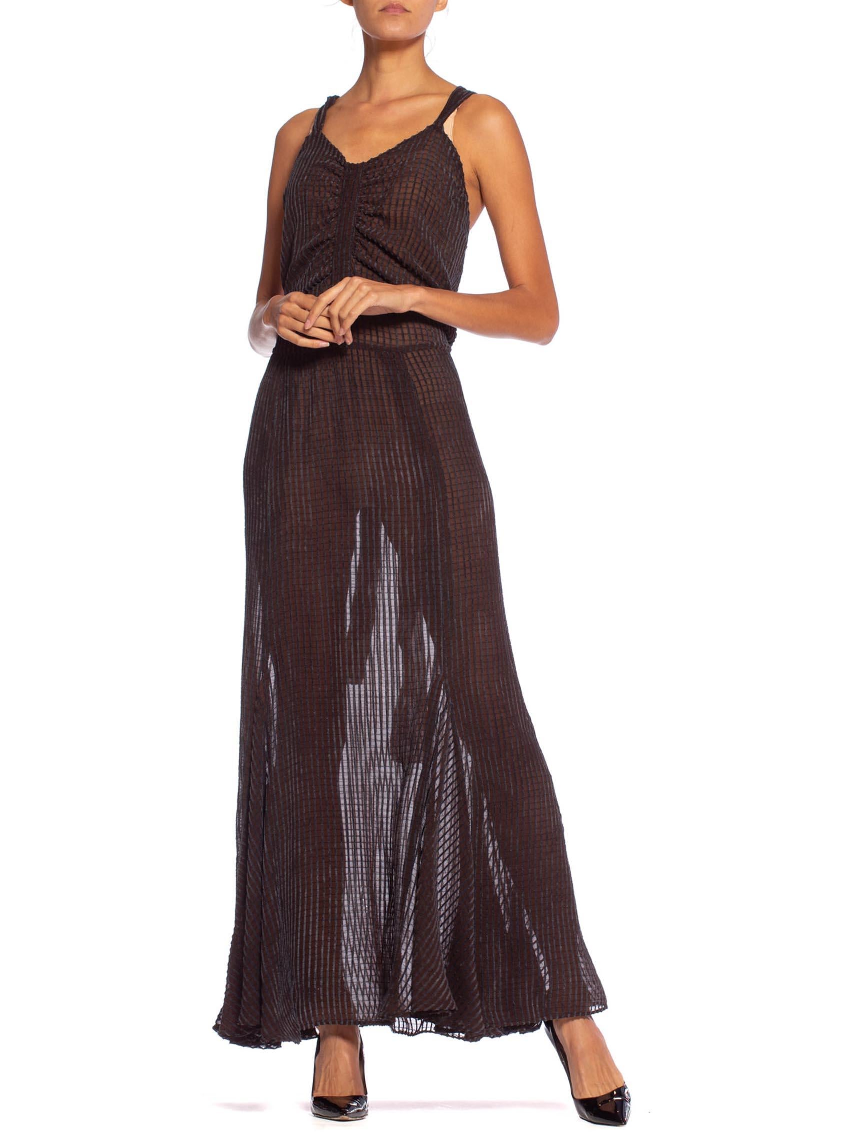 1930'S Brown Silk Chiffon Woven With A Dusty Blue Velvet Stripe Gown From Paris 1