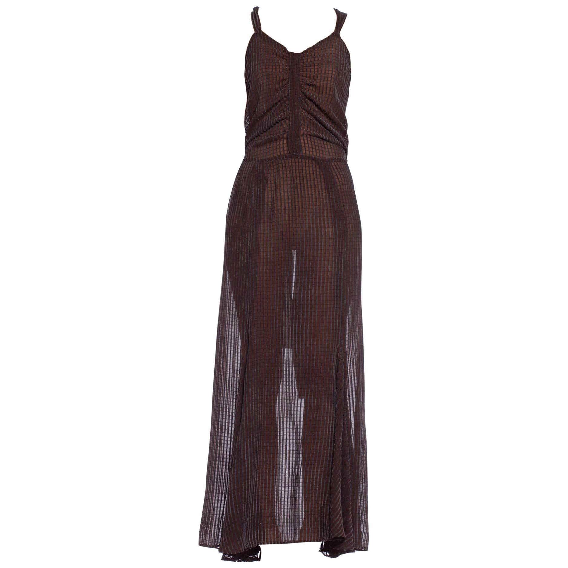 1930'S Brown Silk Chiffon Woven With A Dusty Blue Velvet Stripe Gown From Paris